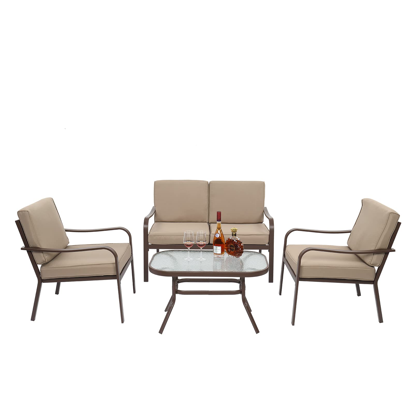 4-Piece Wrought Iron Patio Furniture Set - 2 Single Sofas, 1 Double Sofa, 1 Coffee Table with Brown Frame & Yellow Cushions | Outdoor Garden, Courtyard, Backyard Lounge Set for Relaxing and Entertaining