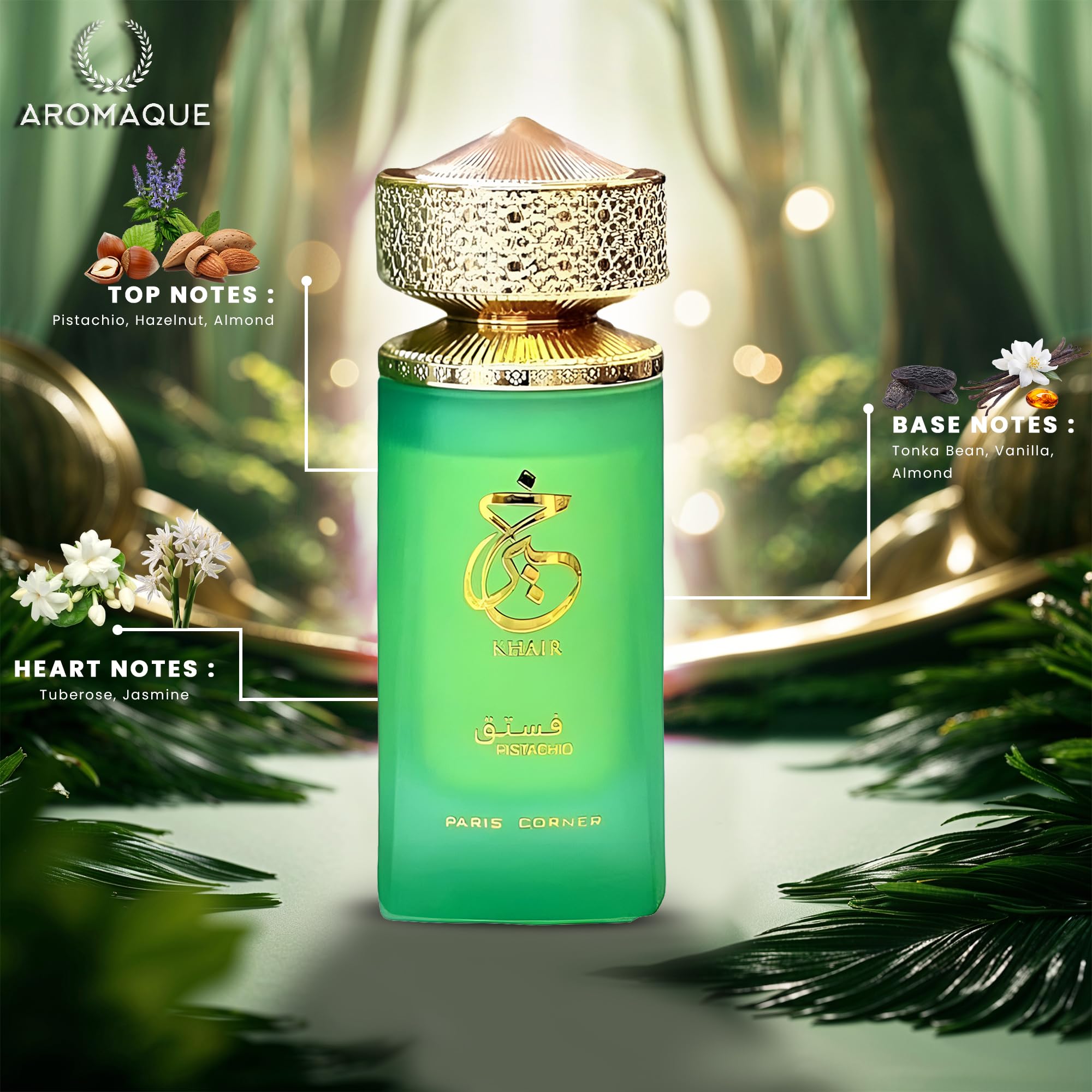 Paris Corner Pistachio Khair Eau de Parfum for Men 3.4oz | Luxury Fragrance Gift Set with Travel Refillable Bottle & 2 Car Air Fresheners | Perfect for Gifting, Date Nights & Office Wear