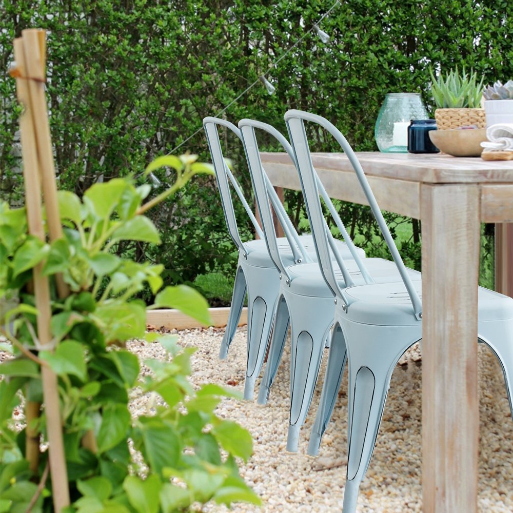 **Distressed Blue Metal Stackable Dining Chairs Set of 4 - Indoor & Outdoor Kitchen, Patio, Restaurant & Cafe Use - Rustic Farmhouse Style Side Chairs with Back Support**