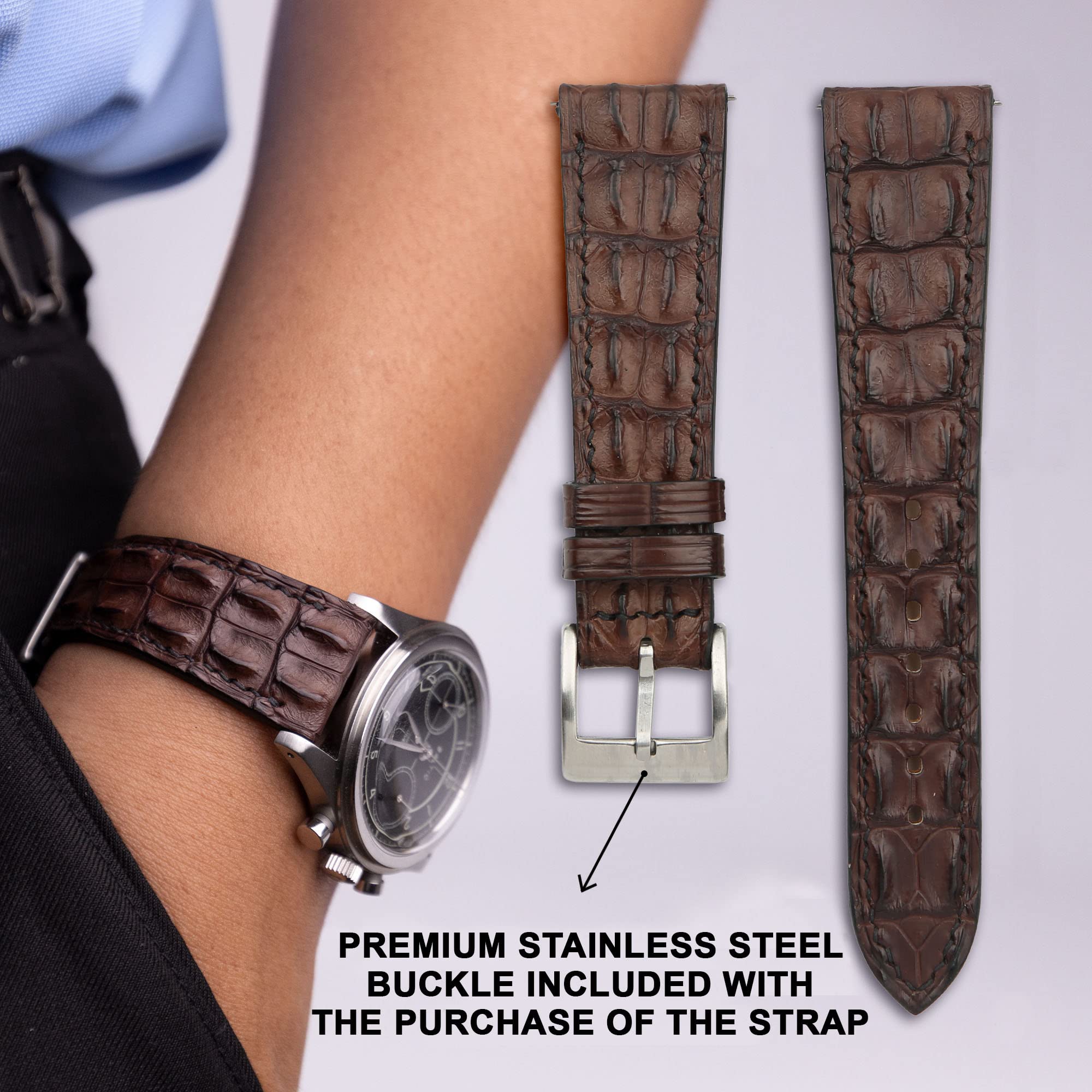 Premium Alligator & Double Hornback Leather Watch Straps for Men & Women - Quick Release Replacement Bands (16mm-24mm Sizes) - Luxury Brown Leather Watch Accessory for Business, Casual & Formal Occasions