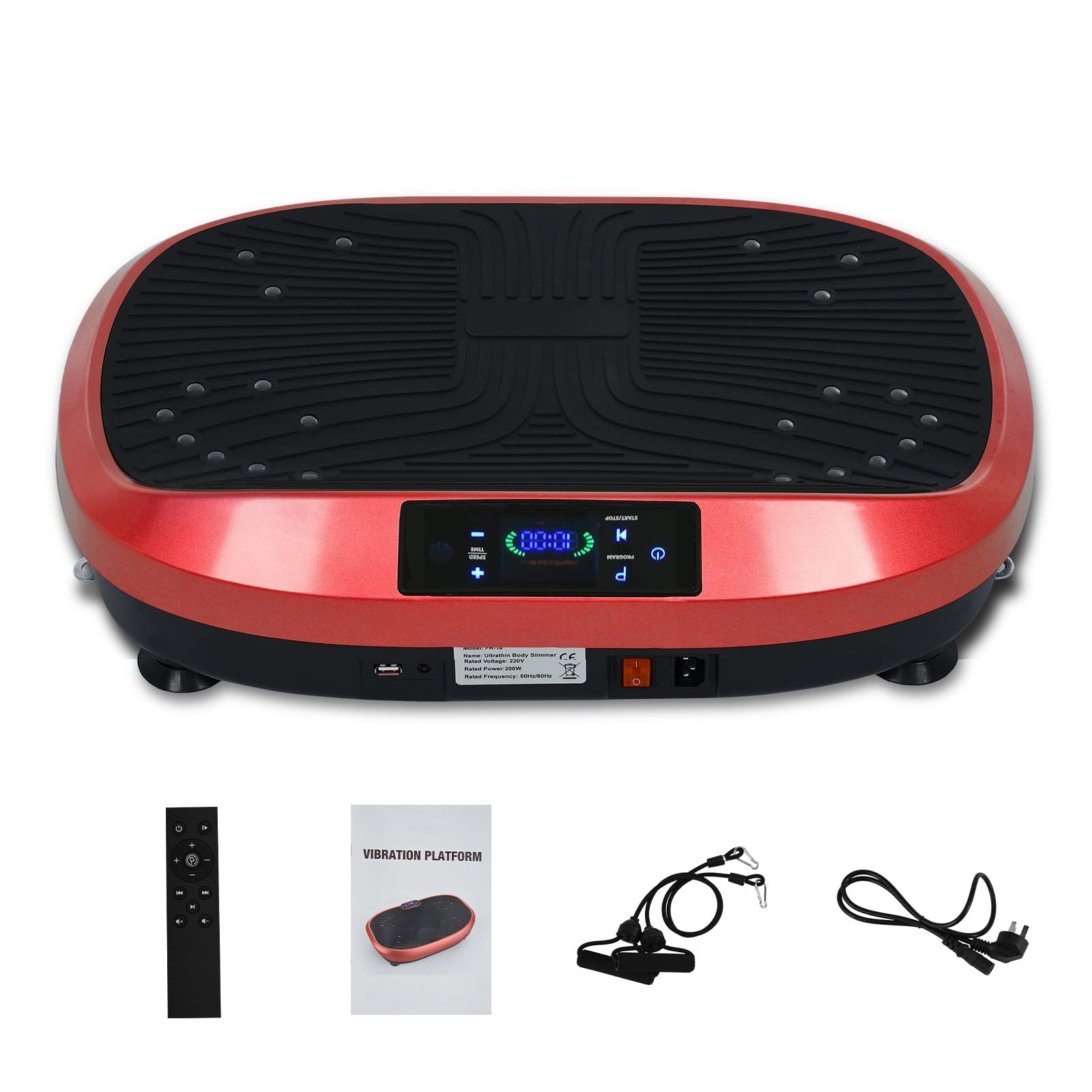 Vibration Plate Exercise Machine for Weight Loss - Full Body Workout with Resistance Bands & Remote Control - Home Fitness Equipment with Music for Indoor Training - Perfect Gift for Women & Men (Red, 21.5