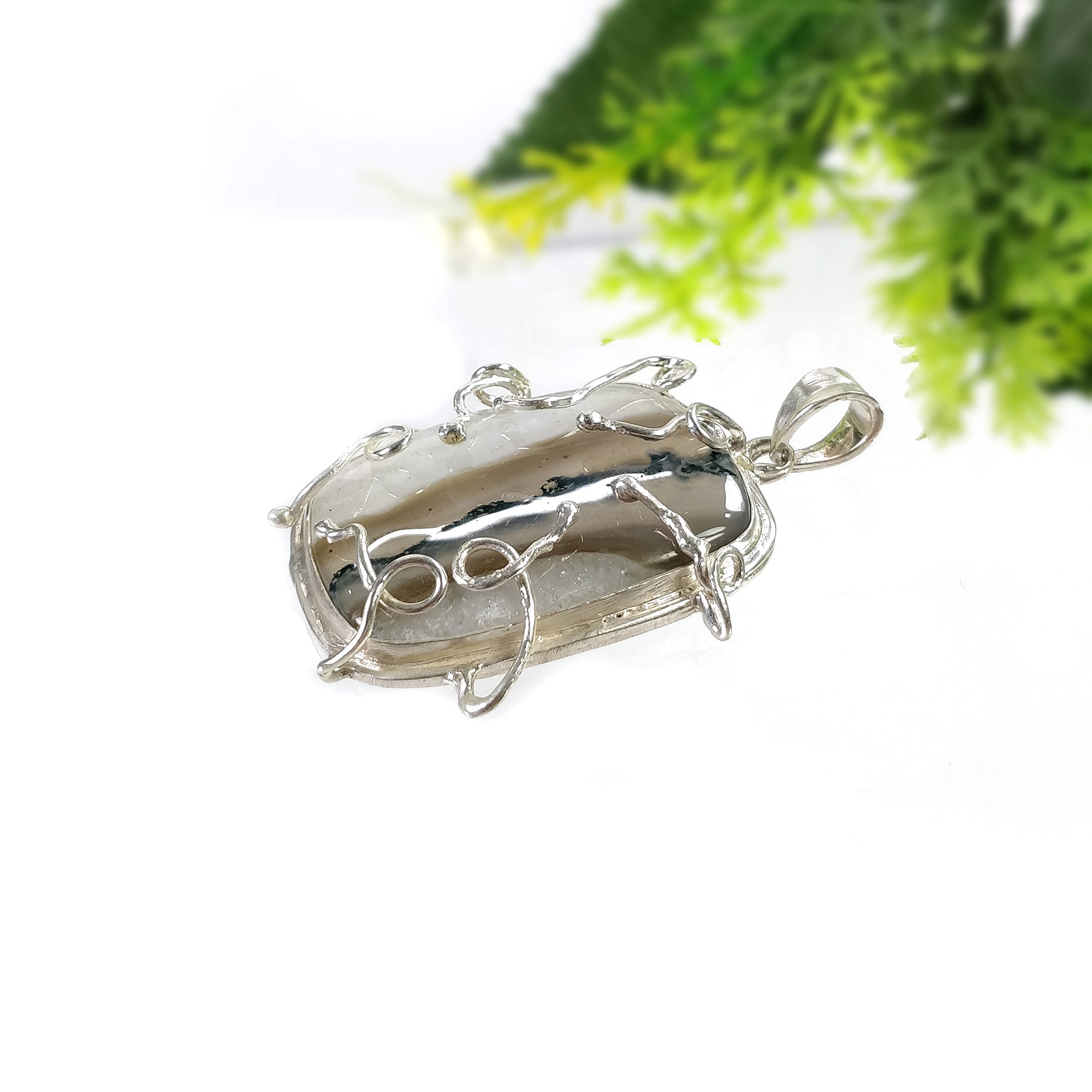 Natural Botswana Agate Pendant - 26.84g Untreated Agate Cabochon in 925 Sterling Silver Bezel Setting (2.25 Inch) | Handmade Gemstone Jewelry for Women, Healing Crystal Necklace for Meditation & Spiritual Gifts