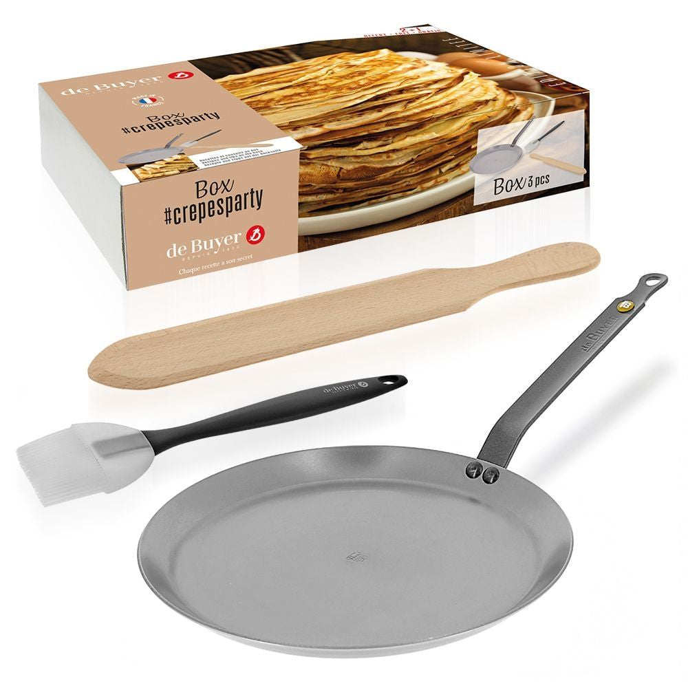 De Buyer Professional Crepe Maker Gift Set - Non-Stick Carbon Steel Pan, Wooden Spreader & Recipe Book - Perfect for Breakfast, Brunch & French Desserts