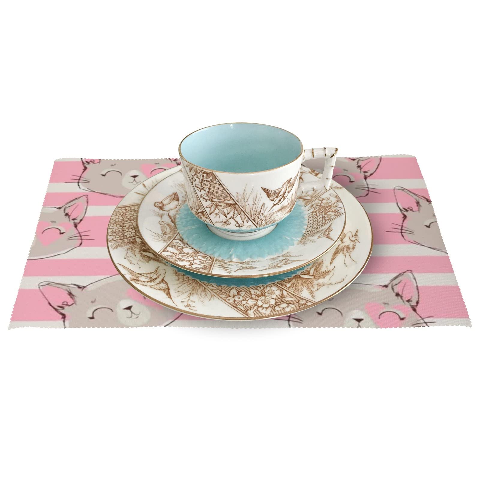 Cartoon Cat Polyester Placemats Set of 4 - Heat-Resistant, Waterproof, Non-Slip Dining Table Mats for Kitchen - Easy to Clean & Durable - Perfect for Family Meals, Parties & Daily Use