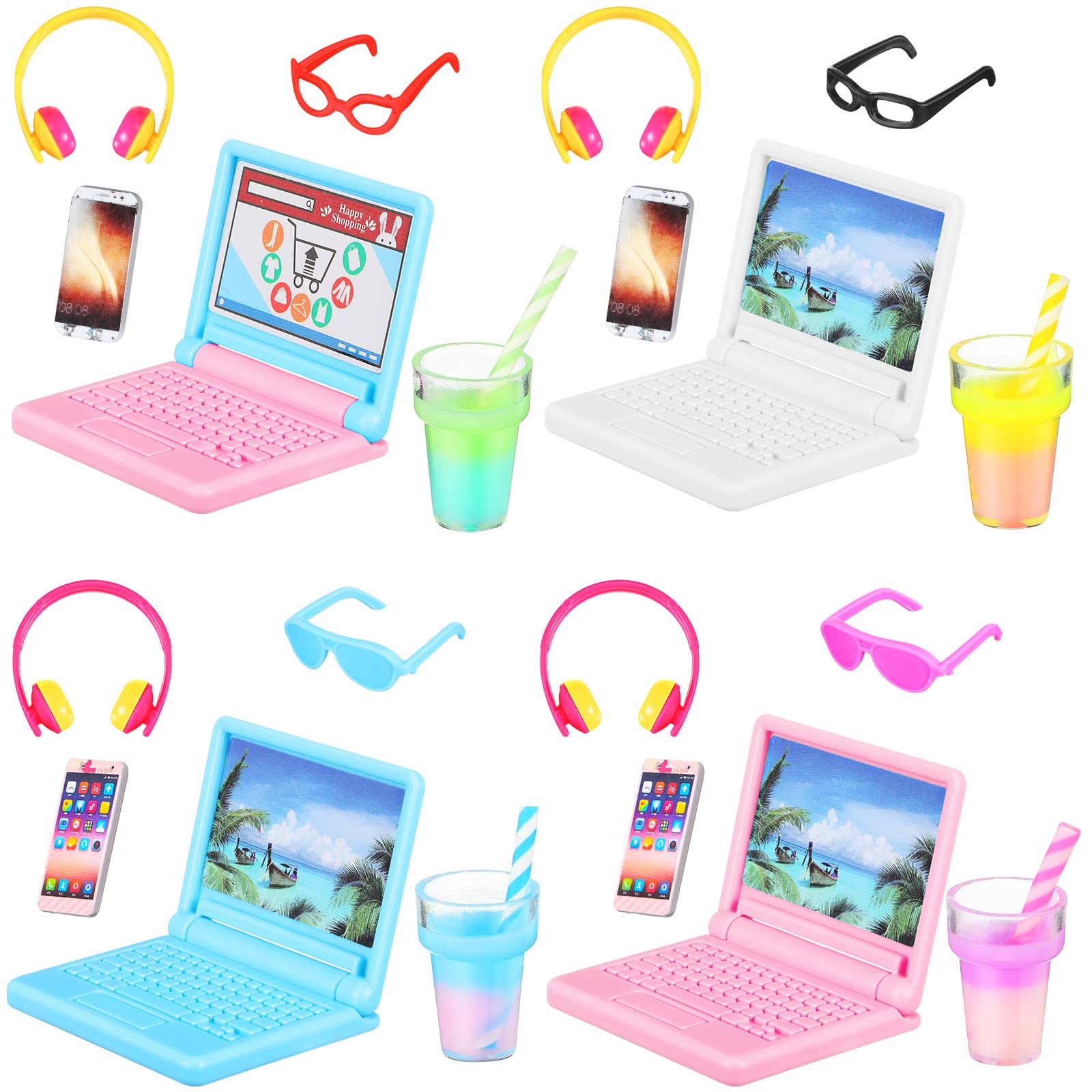 20-Piece Miniature Dollhouse Accessories Set - Tiny Laptop, Phone, Glasses, Headset & Drink Toys for Dolls (Cute Style) | Perfect for Dollhouse Decor, Role Play & Collectible Displays