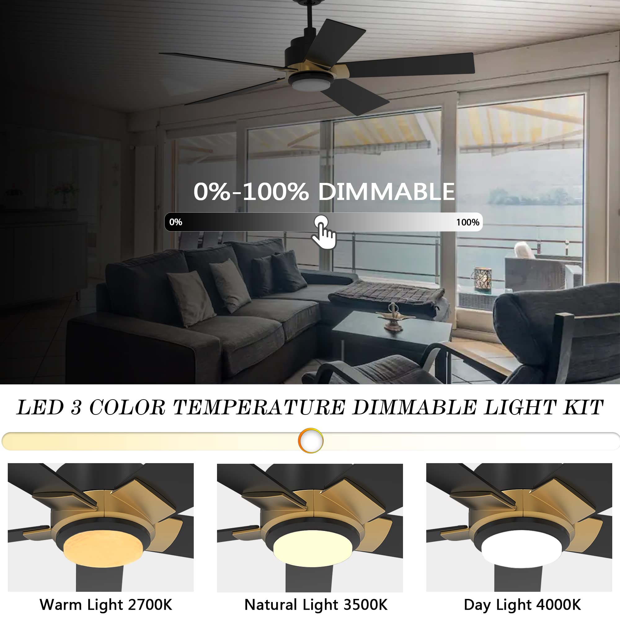 SMAAIR 52 Inch Smart Ceiling Fan with Lights - Low Profile, Dimmable LED Light, 10-Speed Reversible DC Motor, APP/Alexa/Google Assistant/Siri Voice Control (Black/Gold) - Perfect for Bedroom, Living Room and Office Spaces