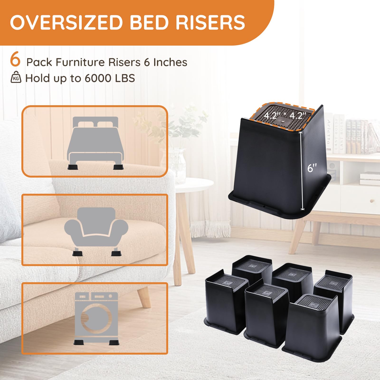 6 Inch Heavy Duty Bed Risers - 6000 Lbs Capacity Furniture Lifters for Beds, Couches, Desks & Sofas | Extra Tall Bed Frame Risers for Storage & Wheelchair Access (Black, 6-Pack) - Perfect for Dorm Rooms, Apartments & Home Organization