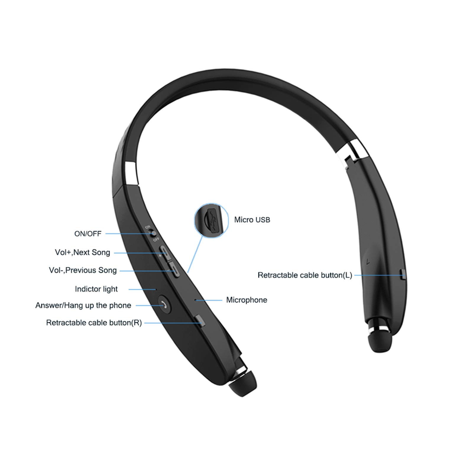 Beartwo Foldable Bluetooth Headphones - Lightweight Wireless Neckband Headset with Noise Cancelling for Running, Gym & Sports | Retractable Design with Carry Case | Perfect for Workouts, Commuting & Travel