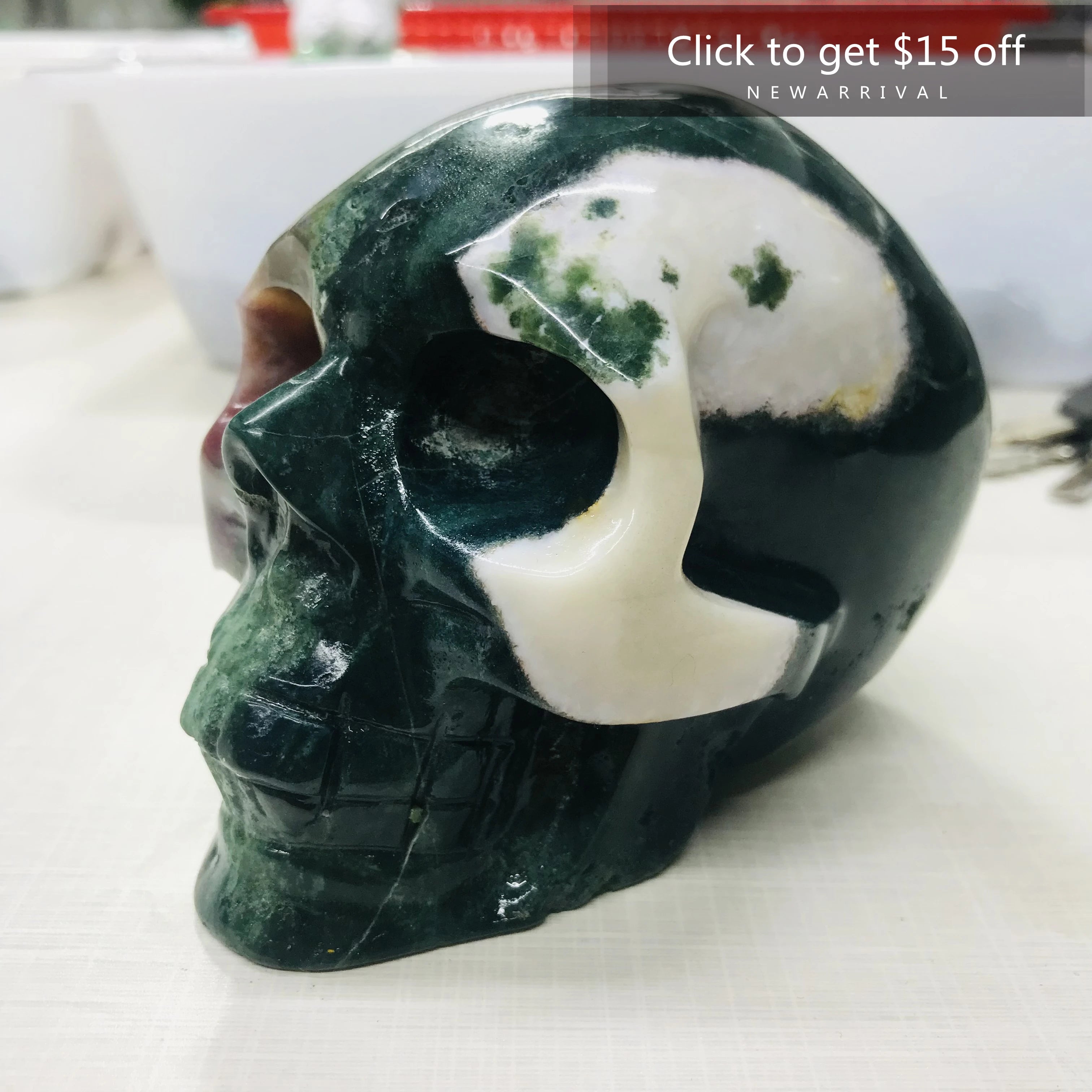 Natural Water Grass Agate Skull - Moss Agate Healing Crystal Stone for Meditation, Reiki & Energy Work - Natural Quartz Mineral Specimen for Spiritual Healing & Home Decor