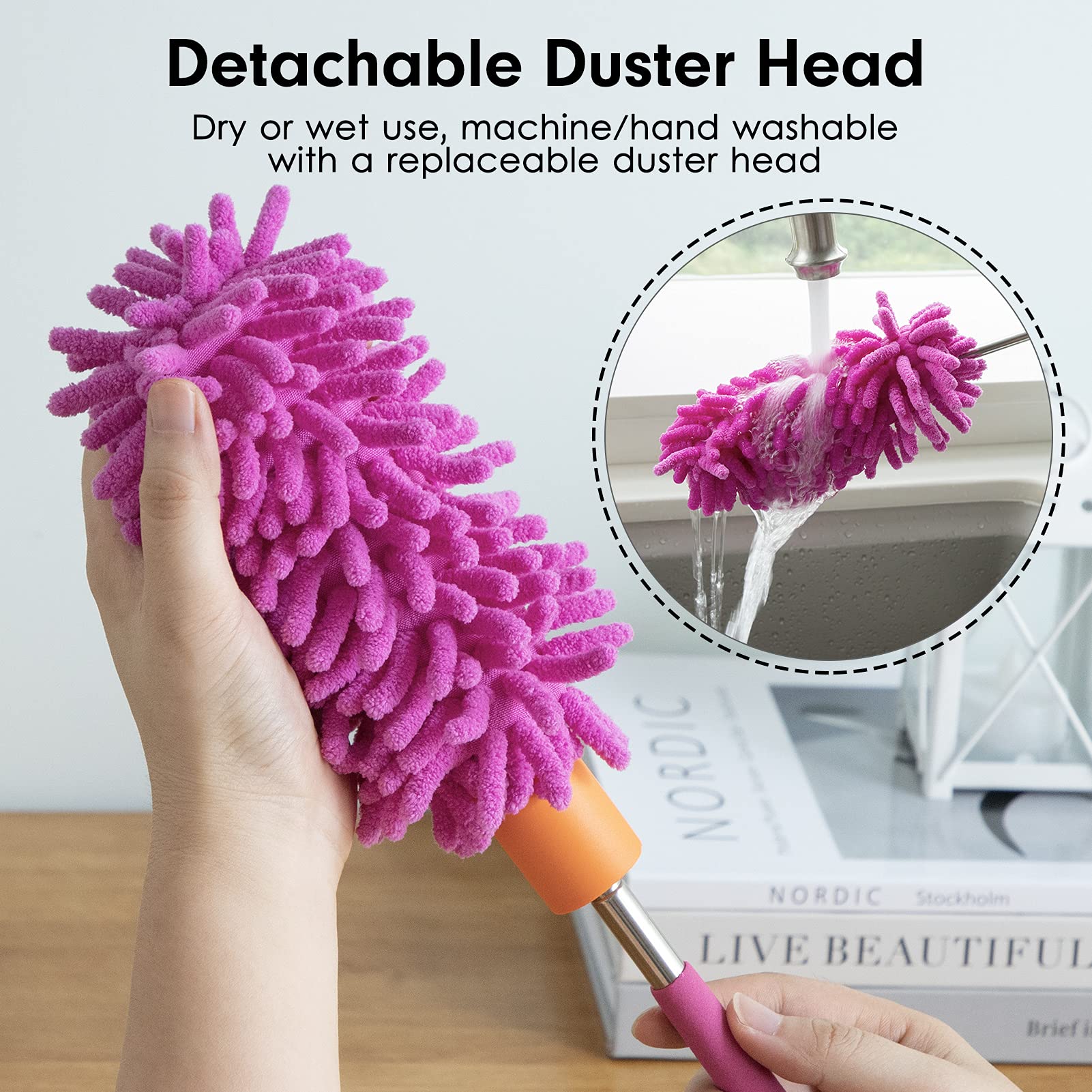 Tukuos Microfiber Duster Set - 2 Washable & Replaceable Heads with Extendable Pole & Detachable Brush | Perfect for Office, Car, Windows, Furniture & Ceiling Fan Cleaning | Dusting Tool for Home, Office & Vehicle Maintenance