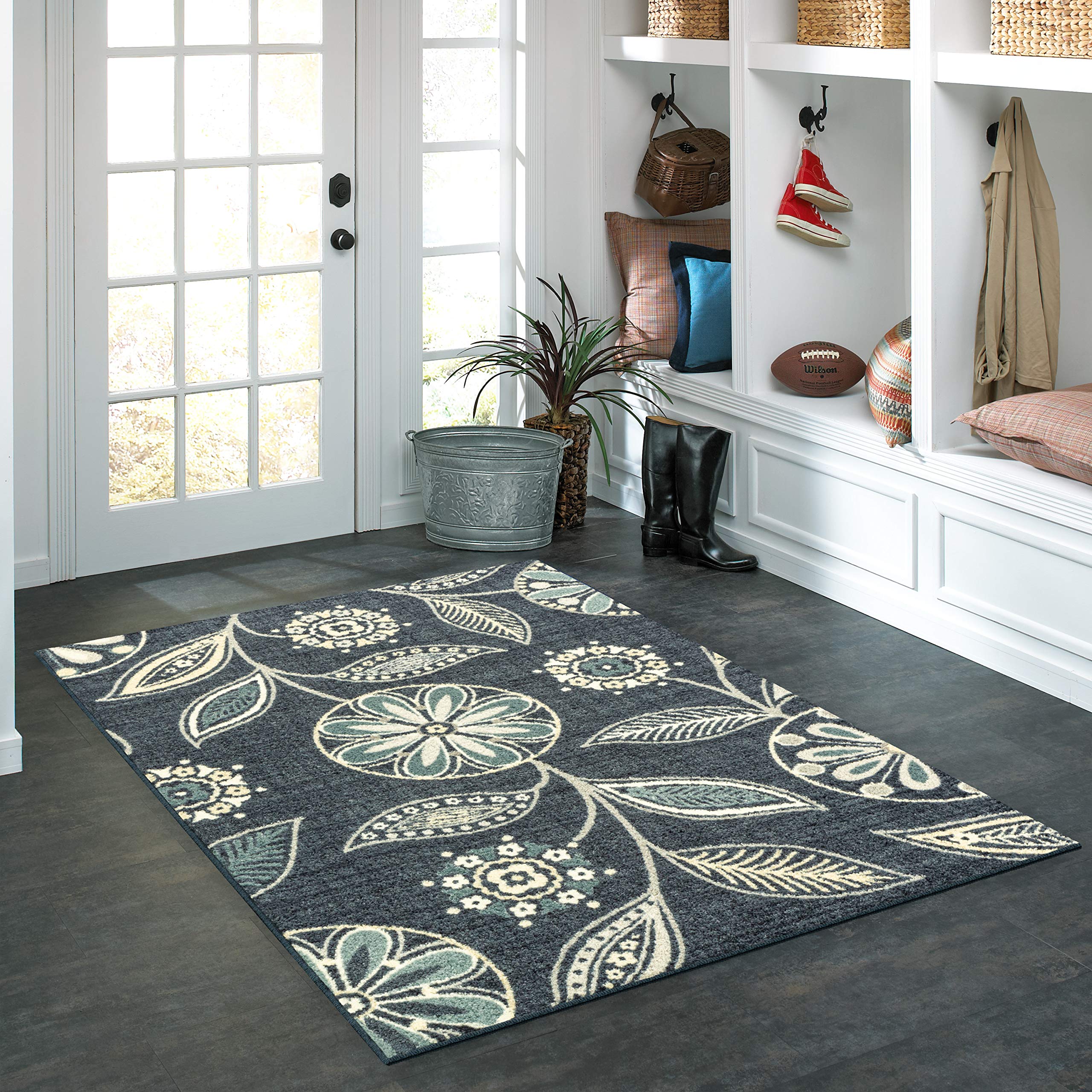 Maples Rugs Reggie Floral Area Rug - Handmade in USA - Washable Non-Slip Pet-Friendly Persian Blue Rug 3'4