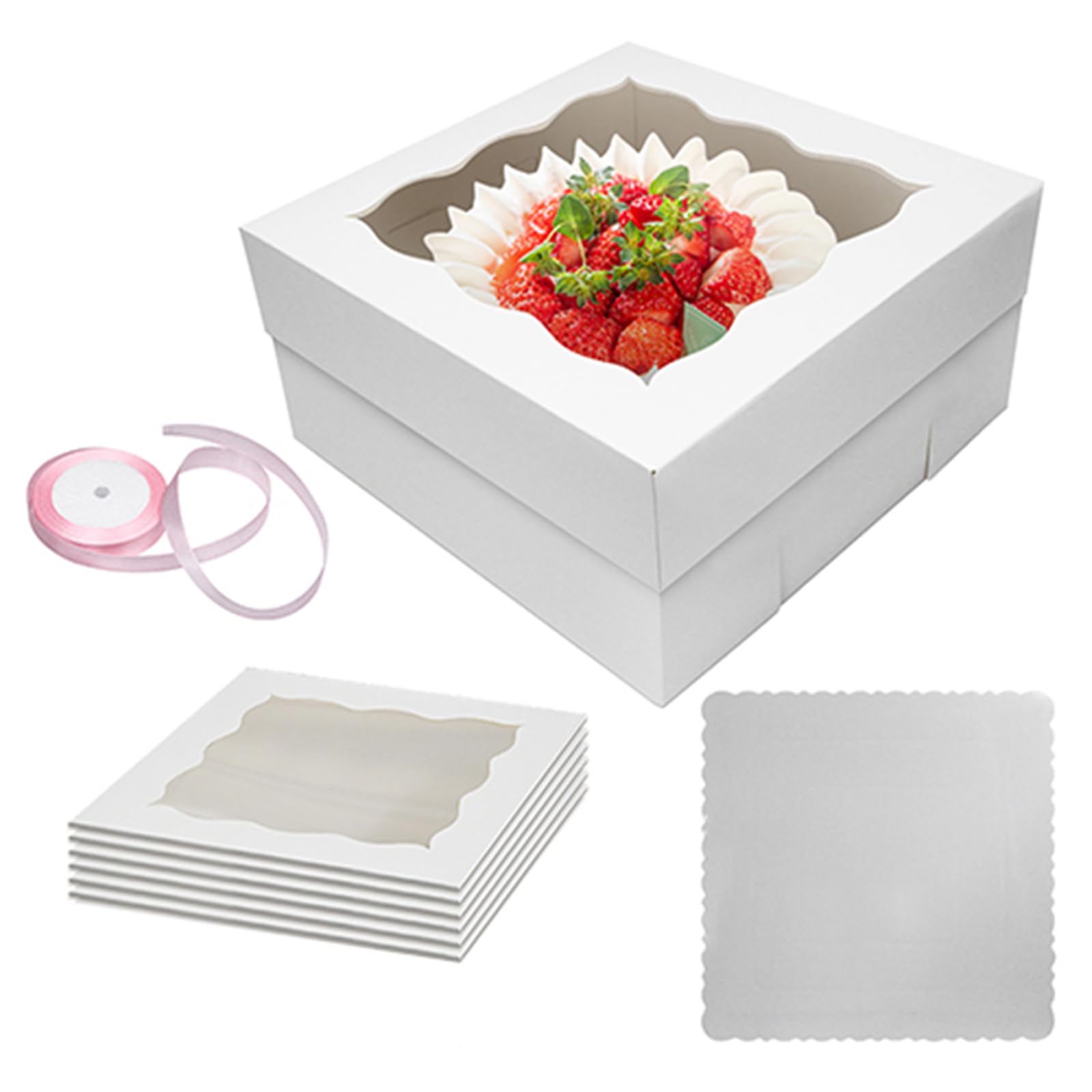 10x10x5 Inches White Bakery Cake Box Set (12pcs) - 6 Disposable Cake Boxes & 6 Cake Boards with Ribbon for Birthday, Pastries, Pies | Perfect for Home Baking, Party Desserts & Gift Packaging