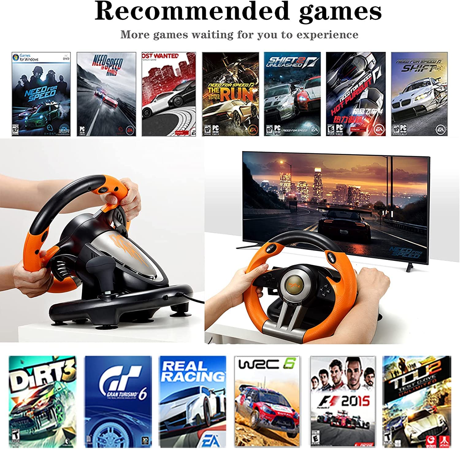 PXN V3 Pro Racing Wheel - 180° Steering Wheel for PS3, PS4, Xbox One, Xbox Series X/S, Nintendo Switch & PC - with Paddle Shifters, Gear Stick & Adjustable Pedals (Orange) - Perfect for Racing Games & Simulation Driving