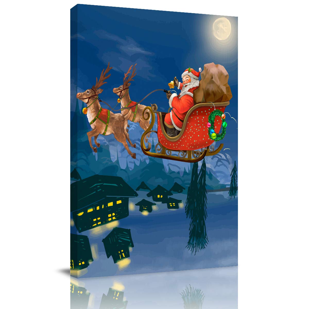 Elk and Santa Claus Christmas Wall Art Canvas - Framed Abstract Painting Print for Bedroom, Bathroom Decor (24x36 Inches) - Perfect for Holiday Home Decoration & Gift Giving