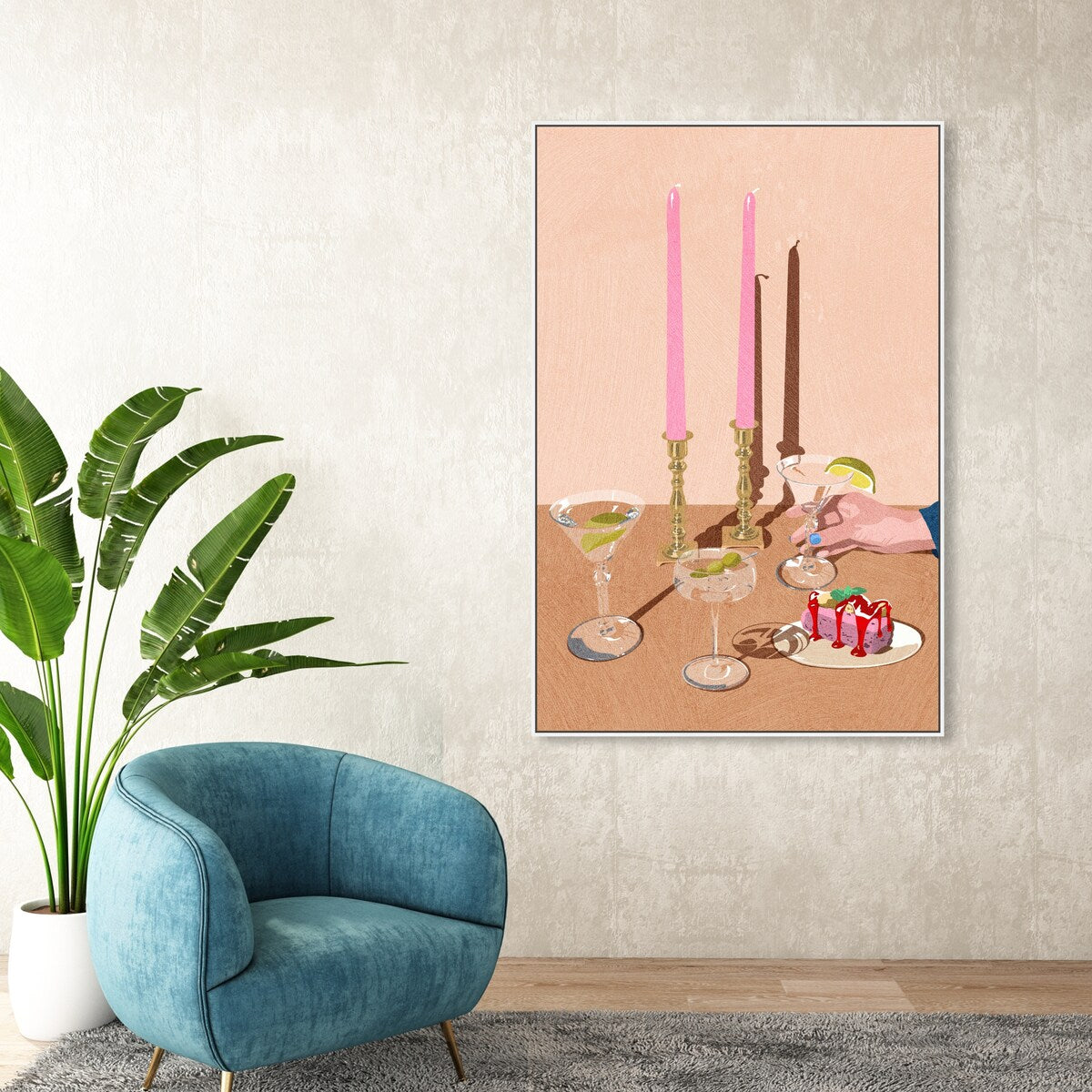 Elegant Pink Framed Canvas Wall Art Print - Modern Dessert & Drinks Painting for Dining Room Decor | Perfect for Kitchen, Cafe & Home Interior Design