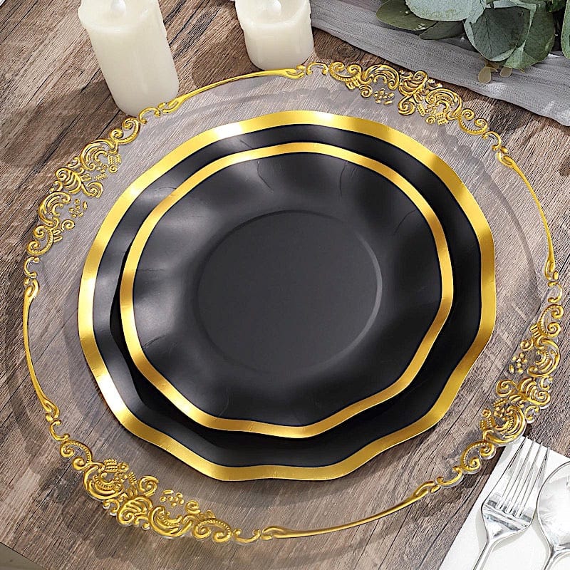 25-Pack Gold Wavy Rim Disposable Paper Salad Plates - Elegant Dinner Party Tableware for Weddings, BBQs & Picnics