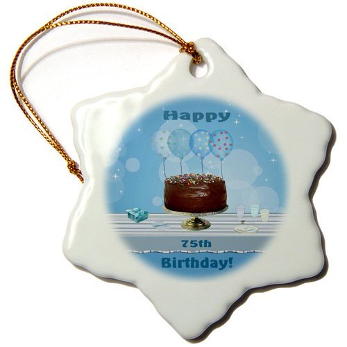 3dRose 75th Birthday Party Snowflake Porcelain Ornament - 3-Inch Hand-Painted Decoration with Chocolate Cake & Blue Balloons | Perfect for Christmas Tree, Gift Giving & Milestone Celebrations