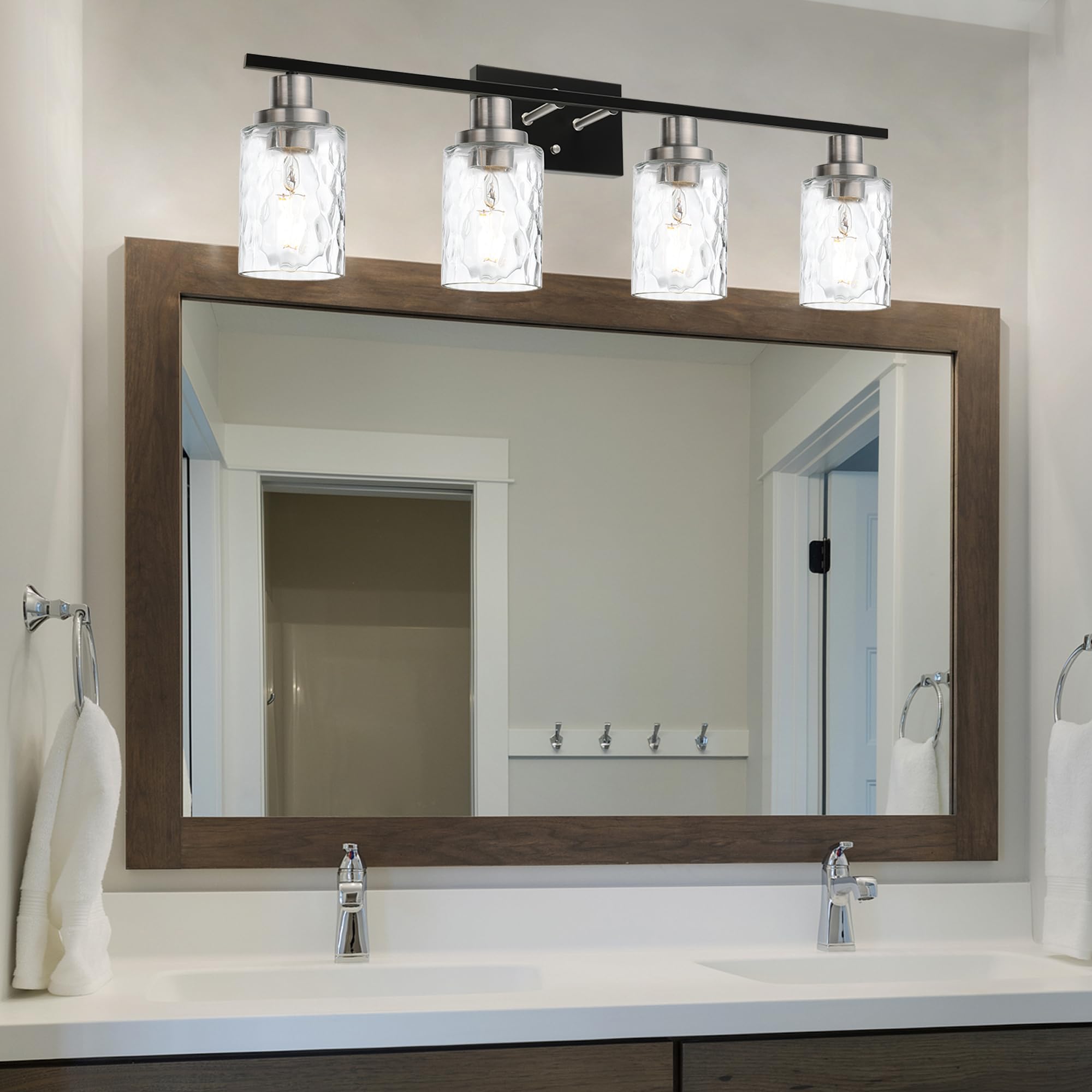 MELUCEE 4-Light Black Bathroom Vanity Light - 31 Inch Brushed Nickel Mirror Lighting with Clear Hammered Glass Shade - Dimmable Metal Wall Lamp for Bathroom, Kitchen, Dressing Room (Patent: US D963914 S) - Perfect for Modern Home Decor & Vanity Makeup Area