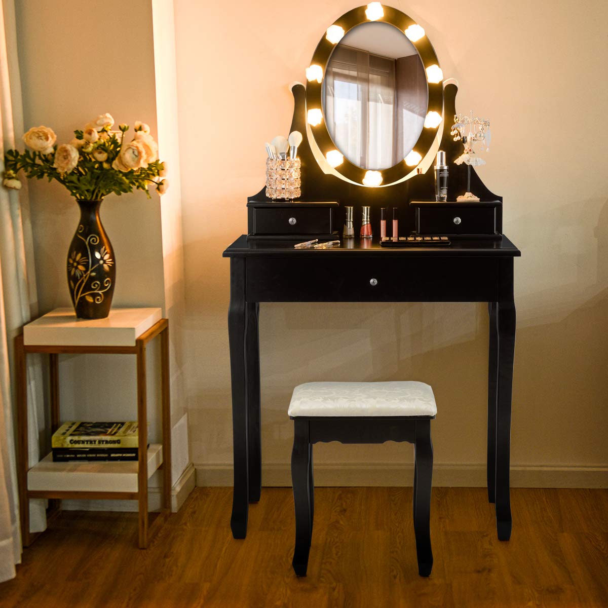 Giantex Modern Vanity Set with Lighted Mirror & Cushioned Stool - 10 Rose LED Lights, 3 Drawers, 360° Rotating Mirror - Dressing Table Makeup Desk for Bedroom, Home Decor (Black) | Perfect for Makeup Application, Skincare Routine & Bedroom Organization
