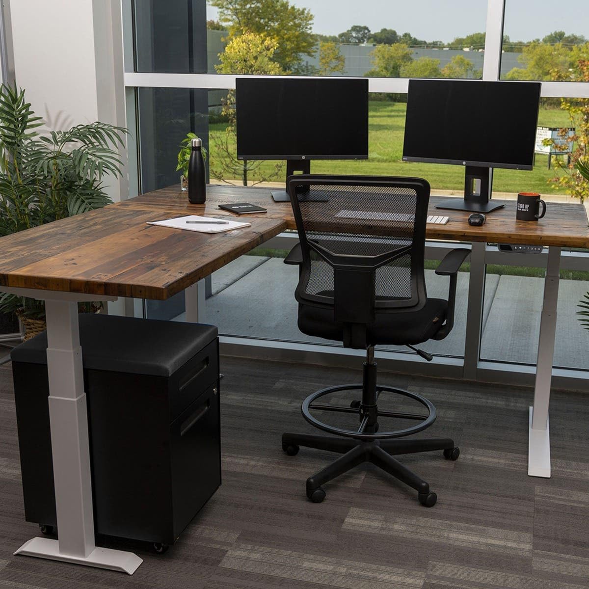 Reclaimed Wood Electric L-Shaped Corner Standing Desk with Easy Assembly Frame - White Frame & Natural Fir Top (71