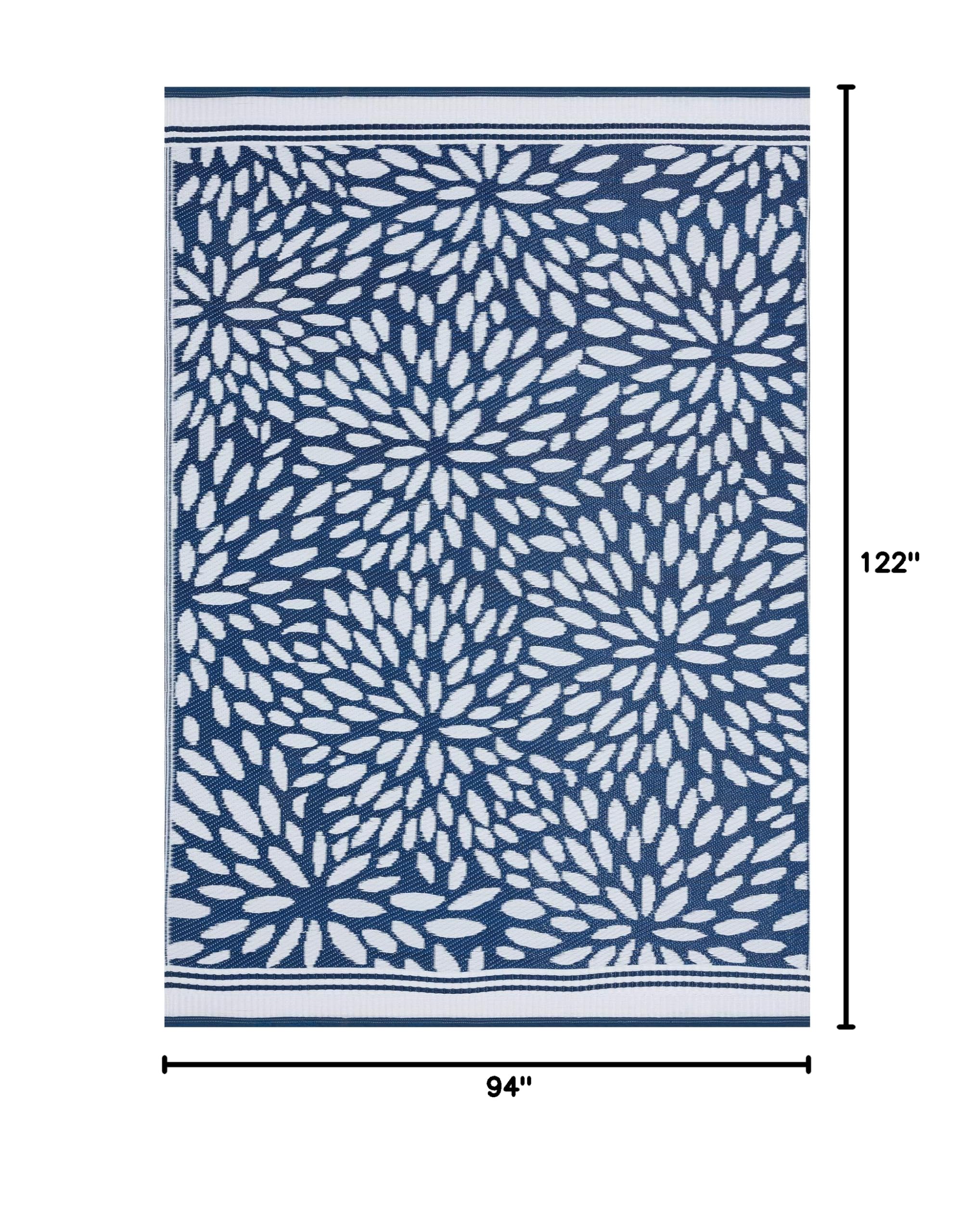 Nuala Navy Reversible Plastic Straw 8x10 Indoor/Outdoor Rug - Waterproof & Washable Patio Mat for Garden, Picnic, Camping, Deck, and Poolside Use