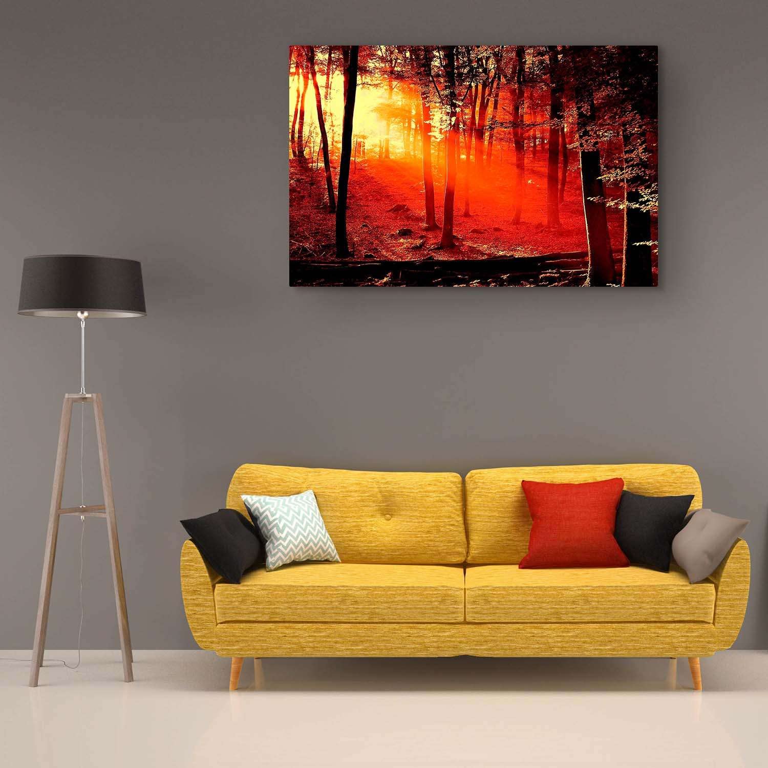 Startonight Red Sunrise Forest Canvas Wall Art - 32x48 Inch Large Stretched Nature Landscape Painting, Modern Luminous Home Decor for Living Room, Bedroom & Office - Perfect for Nature Lovers & Contemporary Interior Design