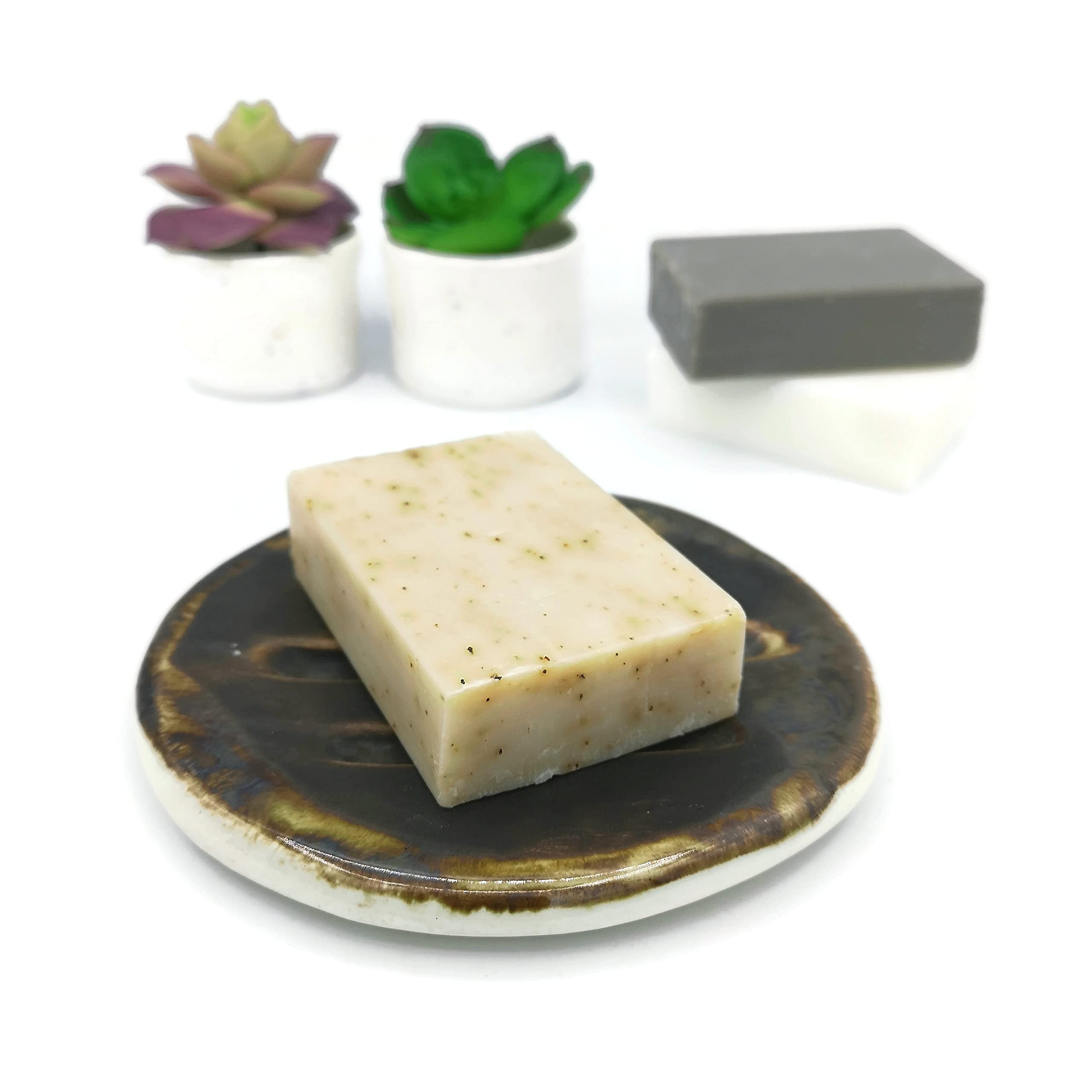 Dark Brown Ceramic Soap Dish & Sponge Holder - Bathroom & Kitchen Organizer for Sinks, Showers, and Countertops