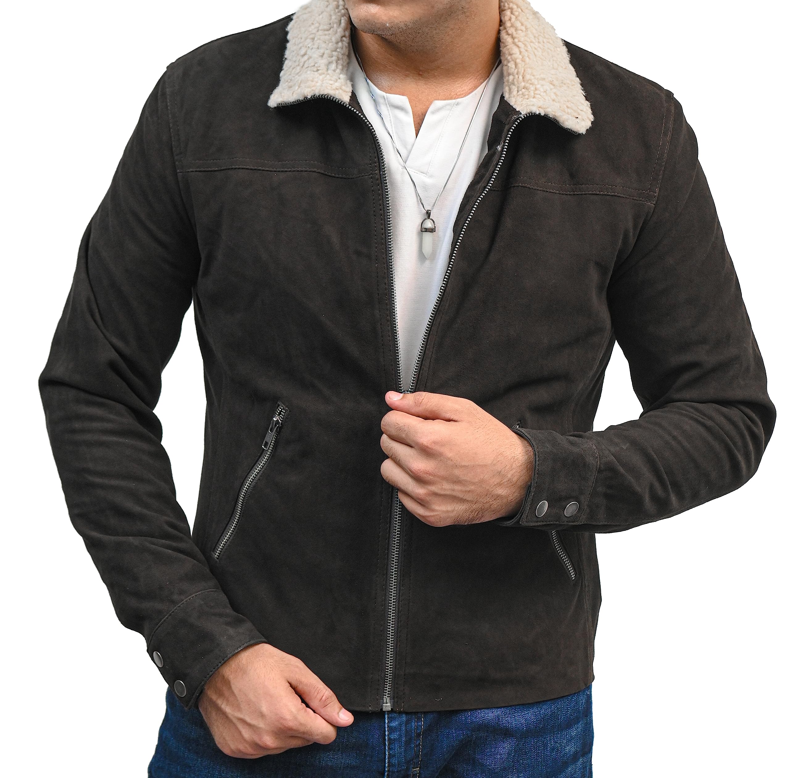 The Walking Dead Rick Grimes Jacket - Andrew Lincoln Signature Brown Suede Leather Coat with Fur Collar for Men | Halloween Cosplay, Comic-Con Costume & Winter Fashion Outerwear