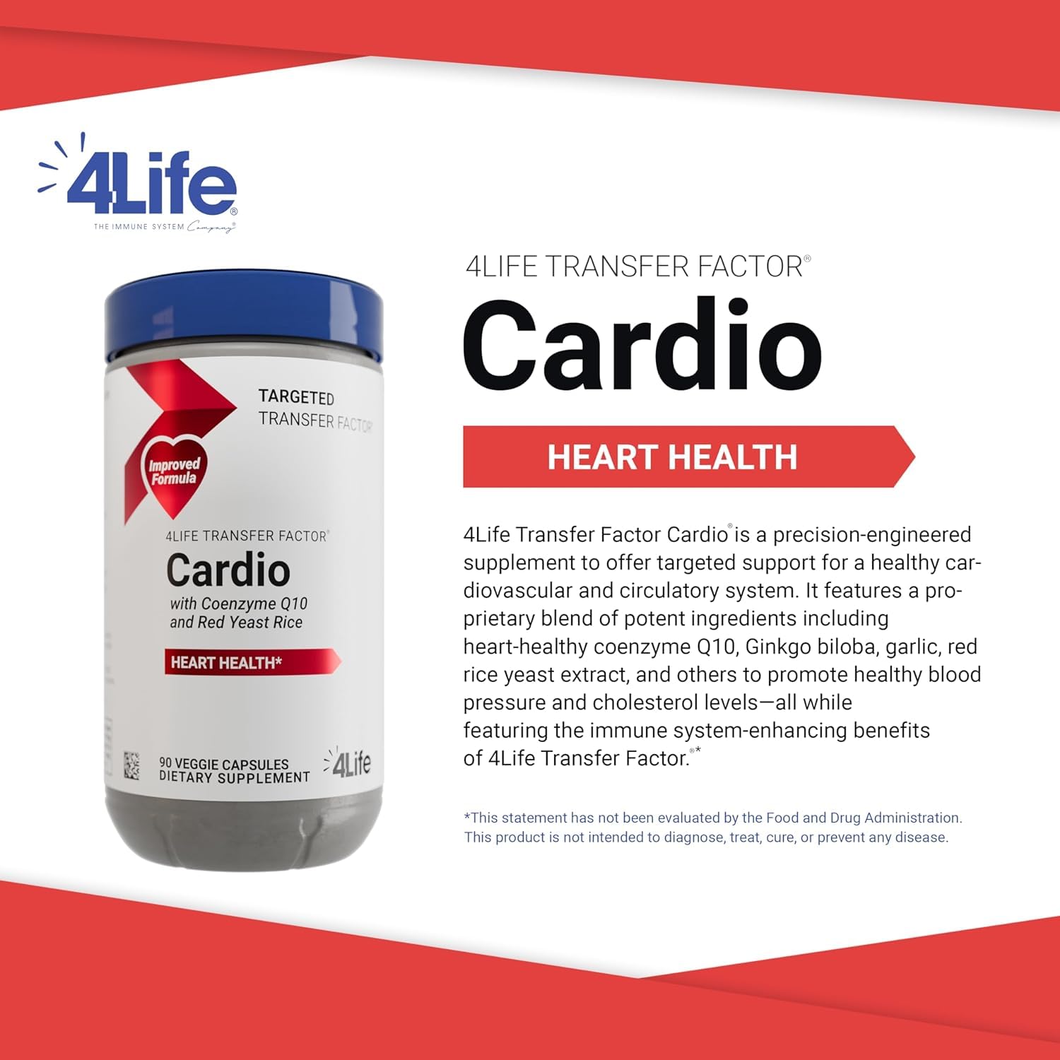 4Life Transfer Factor Cardio - Heart Health Supplement with Ginkgo Biloba, Garlic, Red Yeast Rice & Resveratrol - 90 Capsules for Cardiovascular Support & Blood Circulation - Perfect for Active Adults & Wellness Enthusiasts