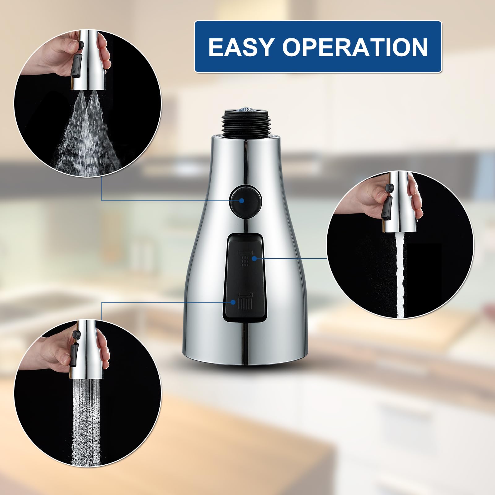QAOYEDE 3-Function Pull Down Kitchen Faucet Spray Head Replacement - Stream, Spray & Dual Waterfall Modes, Chrome Finish - Perfect for Washing Dishes, Filling Pots & Cleaning Sinks
