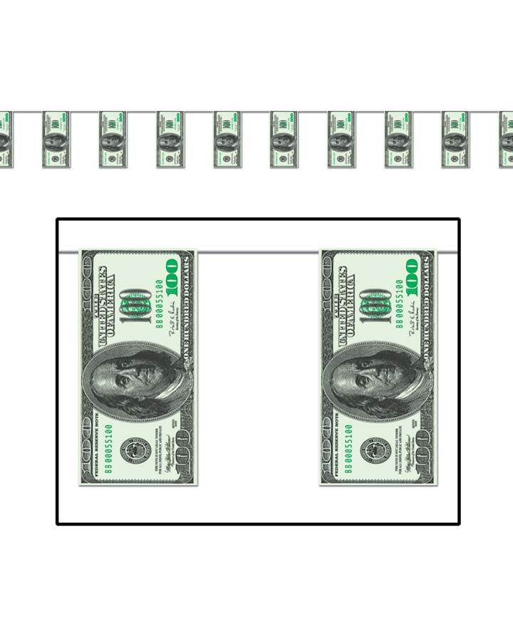 100 Dollar Bill Pennant Banner - American Money Themed Party Decorations for Birthday, Graduation & Casino Night Events
