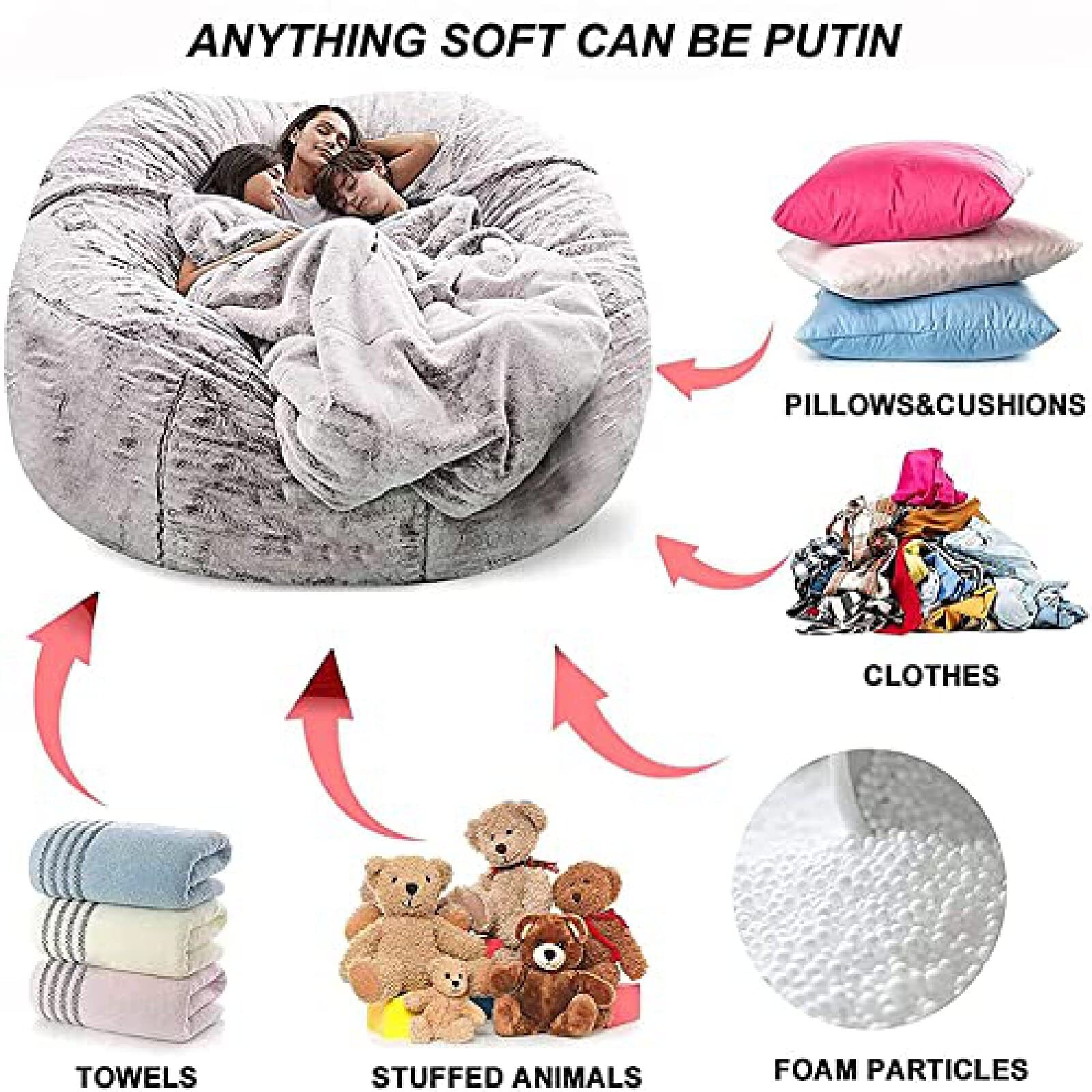 Oversized Velvet Bean Bag Chair Cover - 5FT (135x65cm) Washable Microfiber Sofa Bed Cover for Living Room, Light Grey - Perfect for Lounging, Gaming & Relaxation in Bedroom or Dorm