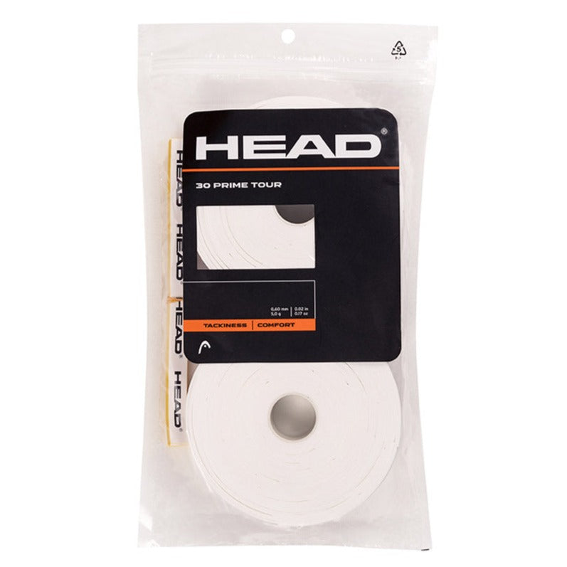 Head Prime Tour Overgrip 30 Pack (White) - Premium Tennis Grip Tape for Enhanced Control & Comfort - Perfect for Tennis, Badminton, Squash & Racquet Sports Players