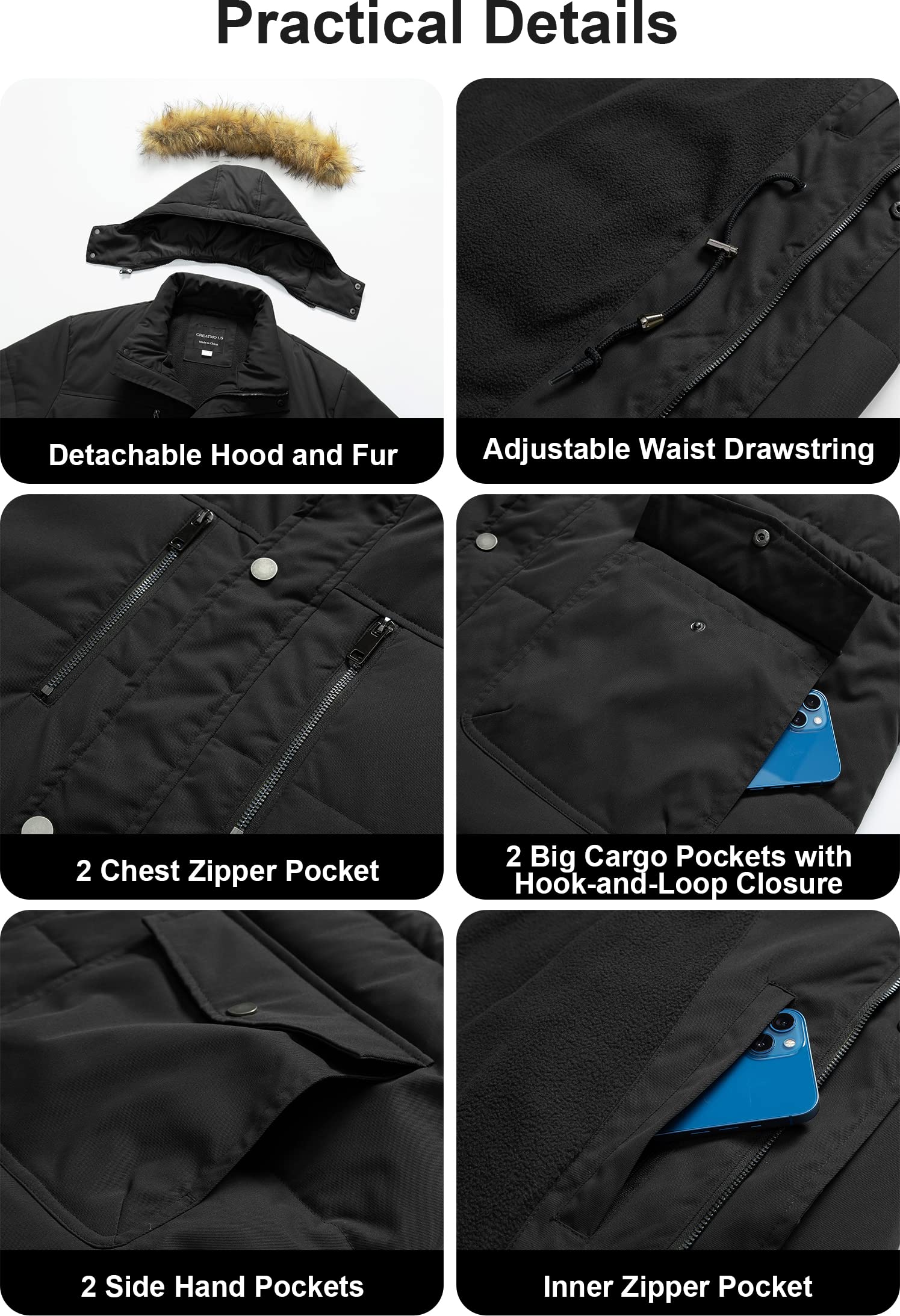 CREATMO Men's Big & Tall Waterproof Winter Puffer Jacket with Removable Fur Hood - Heavyweight Insulated Parka Coat for Cold Weather - Perfect for Snowboarding, Hiking & Outdoor Activities