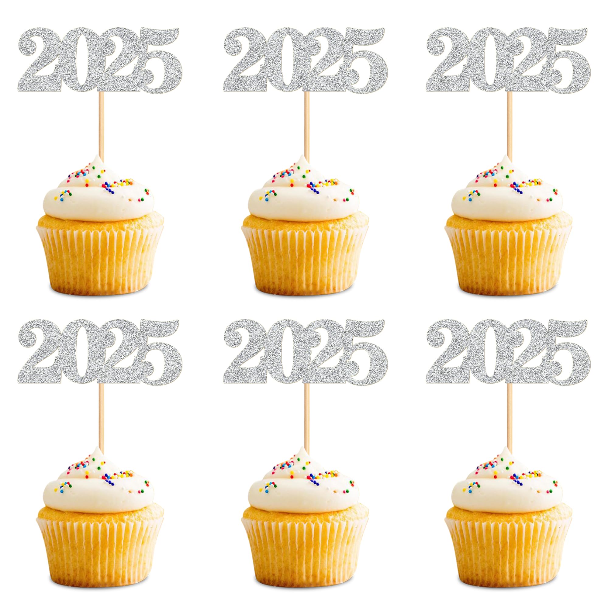 40 Pcs Silver Glitter New Year Cupcake Toppers 2025 - Cheers to 2025 Cake Picks for New Year's Eve Party Decorations - Perfect for Birthday, Wedding, and Holiday Celebrations