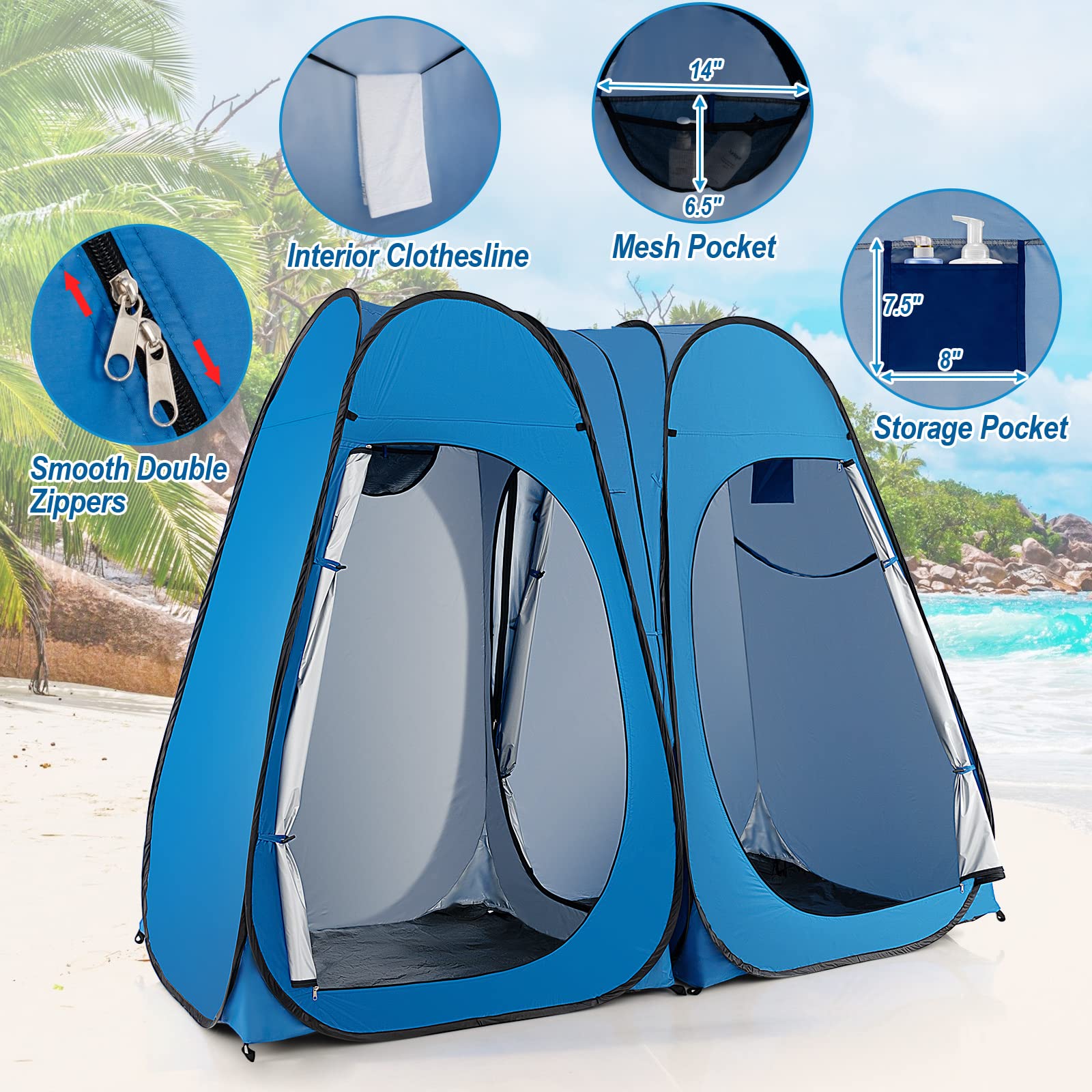 Goplus Pop Up Shower Tent - 7.5FT Portable Privacy Changing Tent with Window, Hanging Clothesline & Carry Bag | 2 Room Design with Ground Stake & Wind Rope | Ideal for Camping, Beach, Outdoor Shower & Changing Room