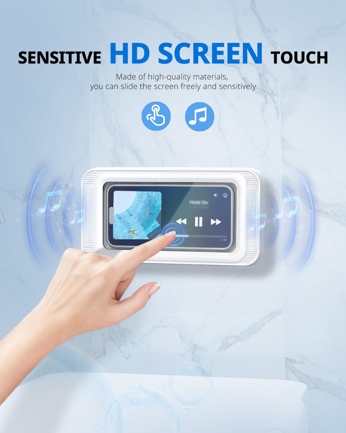 Waterproof Shower Phone Holder with Speaker - Universal Mount for Bathroom, Bathtub, Kitchen & Wall Mirror - Fits Smartphones up to 7 Inches (White) - Perfect for Hands-Free Music, Videos & Calls in Wet Areas