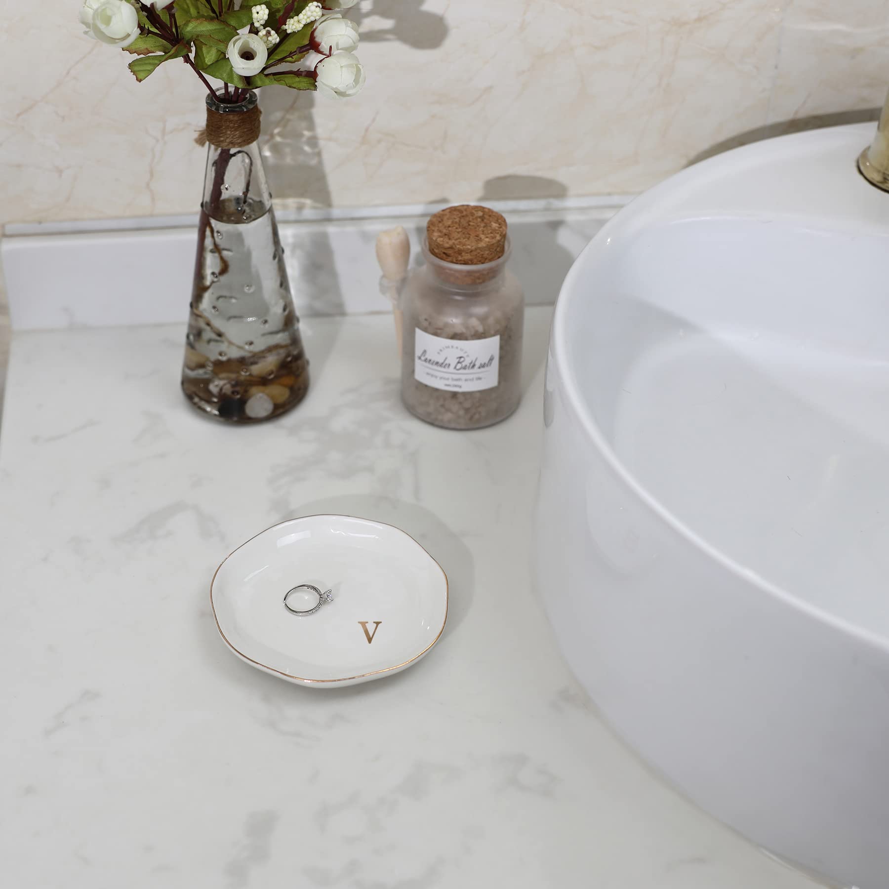 Personalized V-Monogrammed Ceramic Ring Dish - Custom Initial Jewelry Tray for Engagement, Wedding, Birthday & Christmas Gifts - Perfect for Women, Friends & Sisters - Elegant White Home Decor for Vanity, Dresser or Nightstand Organization