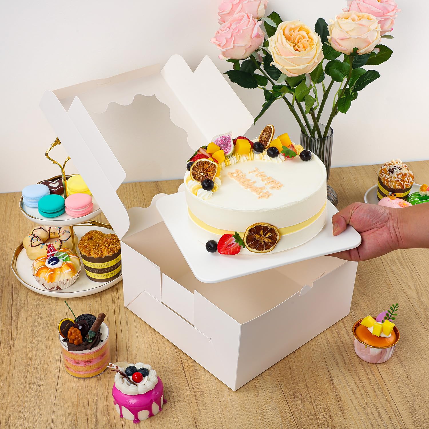 White Bakery Boxes with Window - 24pcs 8x8x4 Inches Cake Boxes for Cheesecake, Cookies, Cupcakes & Pastries | Perfect for Dessert Packaging, Birthday Parties & Bakery Treats | Eco-Friendly Food Storage Containers
