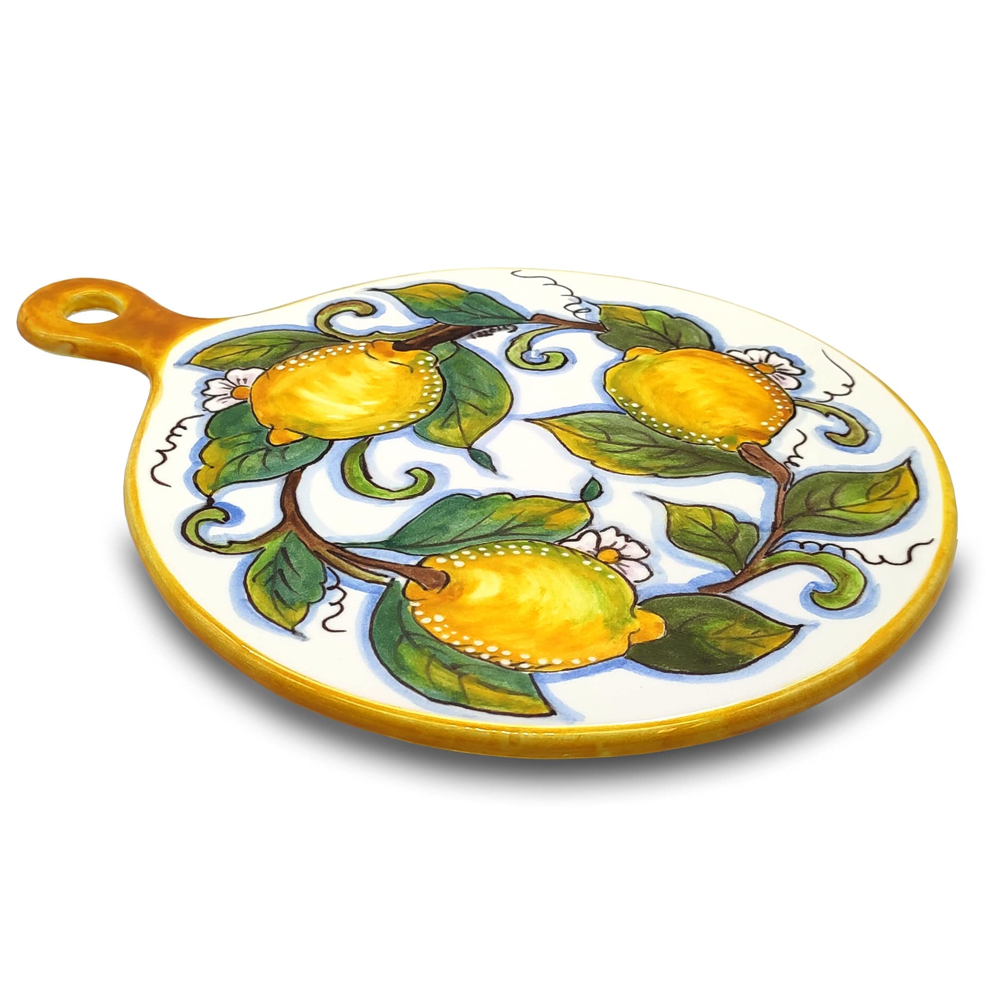 Italian Ceramic Cheese Board with Hand-Painted Lemon Design - 10.38 Inch White Tuscan Serving Platter for Cheese, Charcuterie & Appetizers - Authentic Italian Pottery Made in Tuscany - Elegant Kitchen & Dining Table Decor for Parties, Wine Nights & Home Entertaining