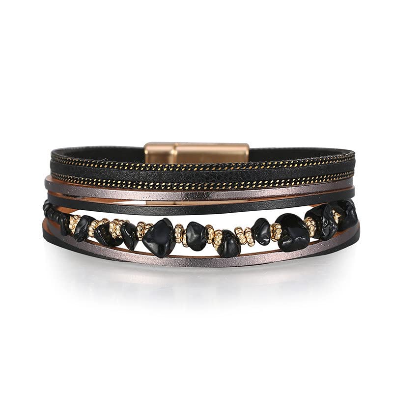 Women's Leather Cuff Bracelet Set - Multilayer Wrap Bracelet with Magnetic Clasp - Irregular Gravel Design Wedding Jewelry - Black One Size - Perfect for Brides, Bridesmaids & Special Occasions