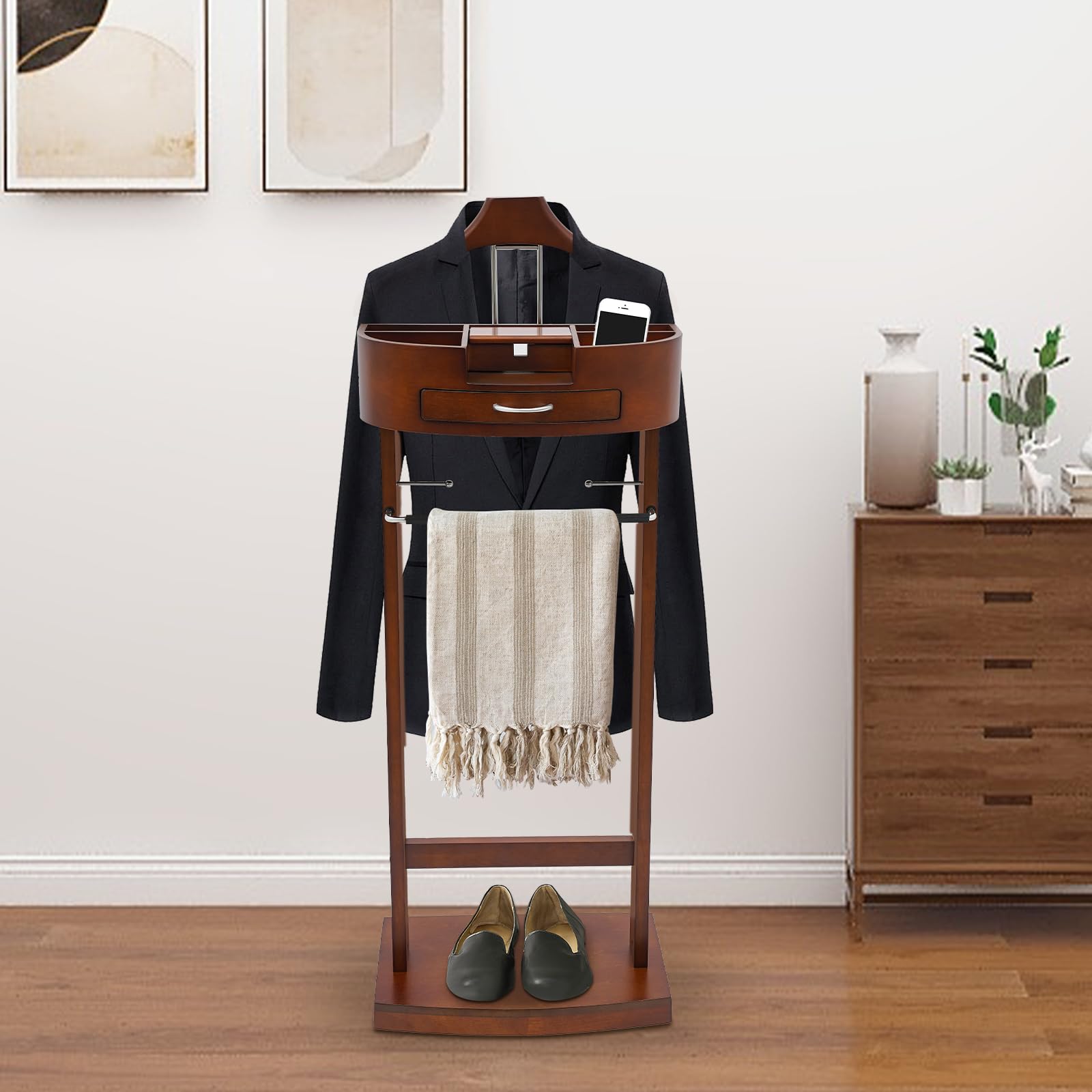 Premium Wooden Valet Stand with Drawer - Freestanding Clothing Organizer with Tie/Belt Hooks & Shoe Rack - Dark Walnut Bedroom Valet for Suits, Watches & Accessories - Perfect for Master Bedroom, Walk-in Closet & Gentleman's Dressing Area