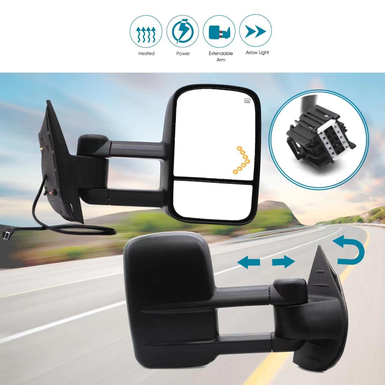 BOOLEE Power Heated Towing Mirrors for 2007-2014 Chevy Silverado 1500/2500/3500 & GMC Sierra/Yukon/Tahoe - Manual Telescopic Tow Mirrors with Arrow Turn Signal - Perfect for Towing, Camping & Off-Road Adventures (Pair, LH+RH)
