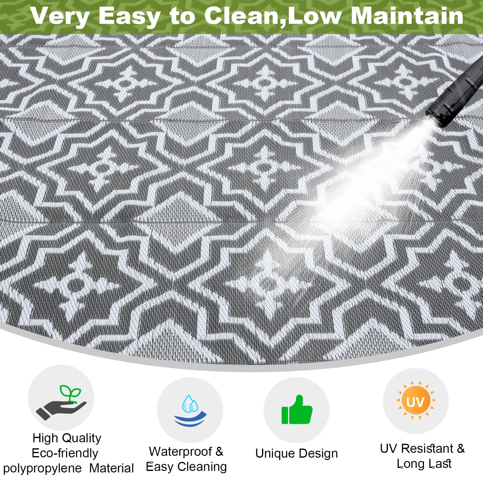 9x12 Waterproof Outdoor Rug - Recyclable Plastic Straw Woven Patio Mat for Camping, RV, Yard & Deck - Grey Indoor/Outdoor Rug for All Weather Use