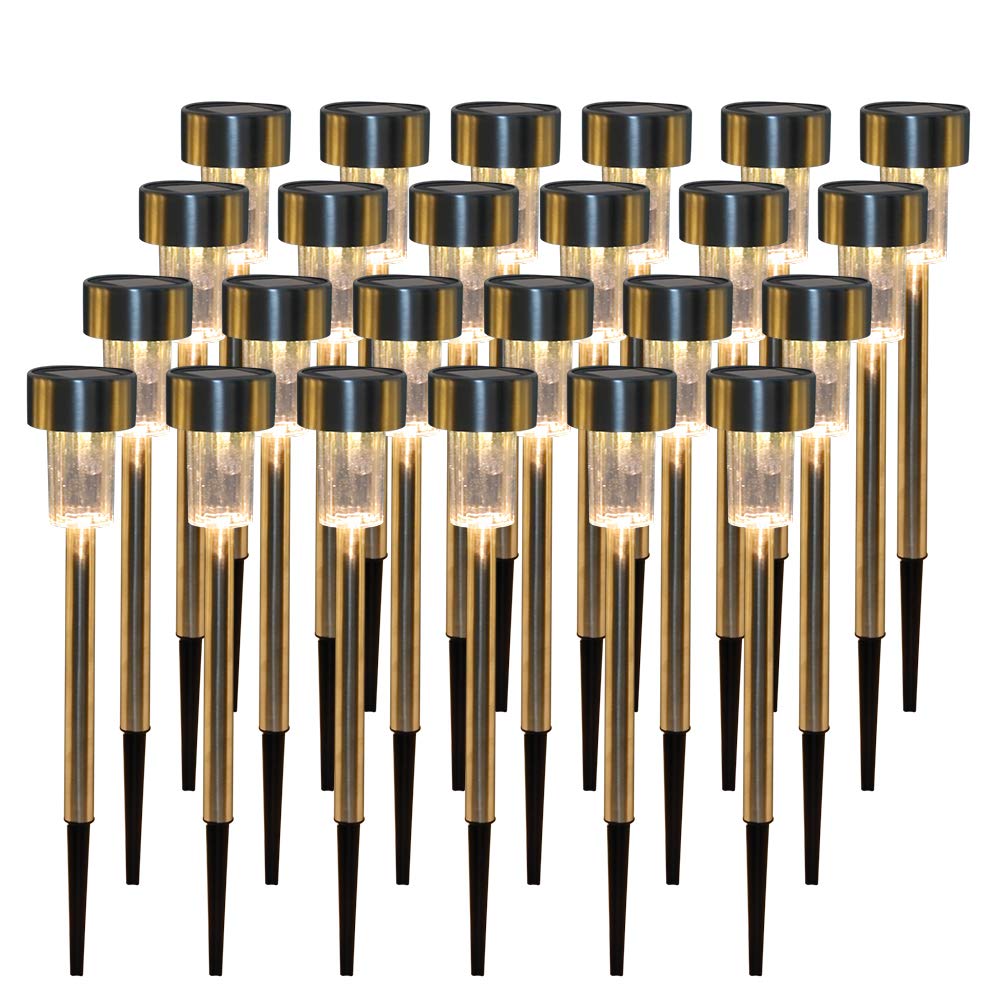 Solar Powered Outdoor Lights - 24 Pack Waterproof Stainless Steel LED Solar Garden Lights for Pathway, Patio, Yard - Warm White Lighting for Energy-Efficient Landscape & Backyard Decor