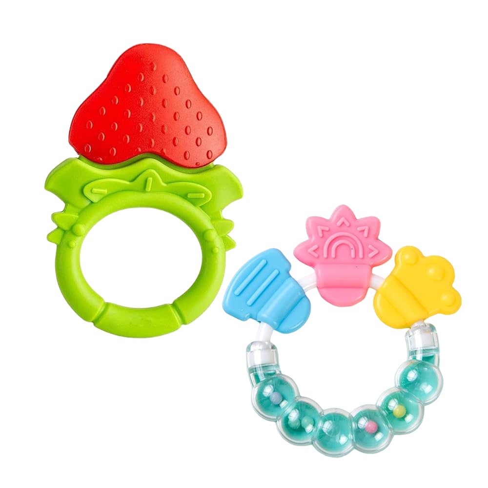Joy Buzz Fruit Teether & Sipper Combo - BPA-Free Silicone Baby Teething Toy & Sippy Cup for Infants 6+ Months | Soft, Safe & Chewable | Perfect for Soothing Sore Gums & Hydration On-The-Go (Red & Green) | Great for Travel, Daycare & Mealtime