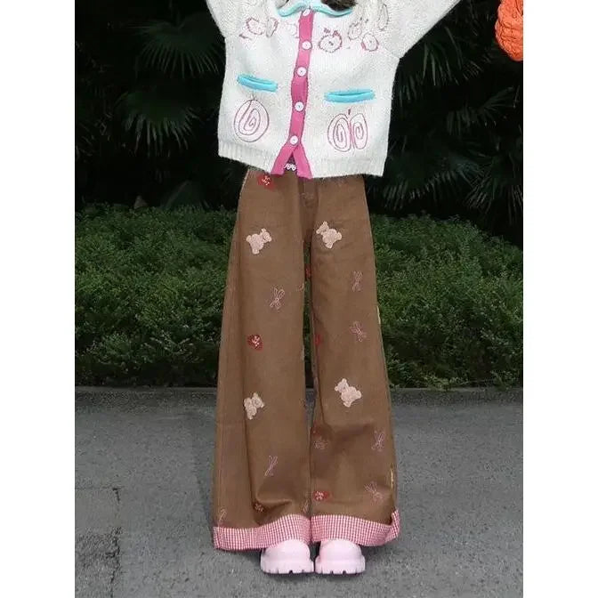 Women's Vintage Y2K Bear Embroidery Wide Leg Jeans - Korean Streetwear Fashion Denim Pants for Casual Wear & Retro Outfits