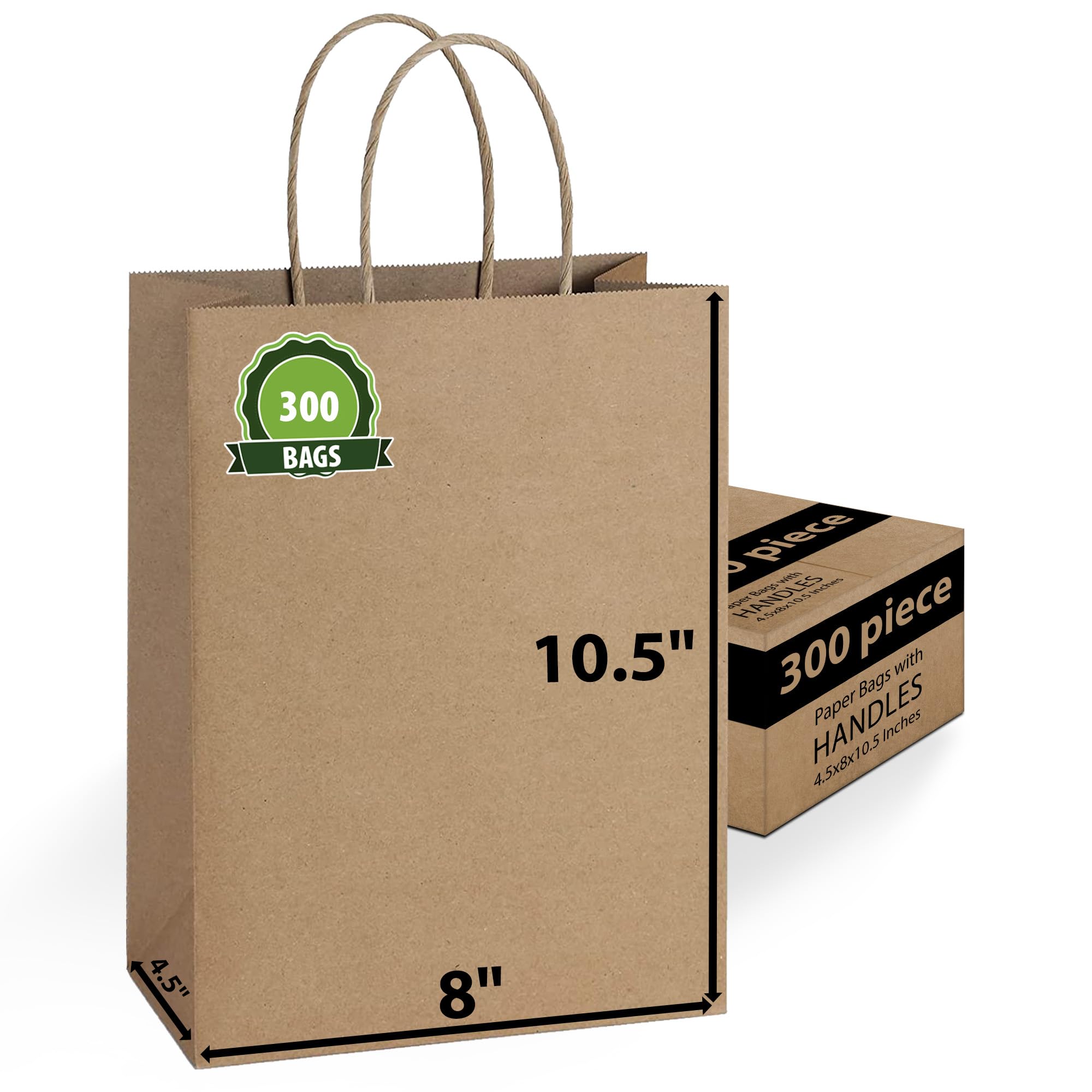 Eco-Friendly Brown Kraft Paper Bags with Handles - Bulk Pack of 300 (8x4.5x10.5 Inches) - Perfect for Retail Shopping, Gift Packaging, Party Favors, Wedding Decor & Craft Projects - Recyclable & Sustainable Business Merchandise Bags