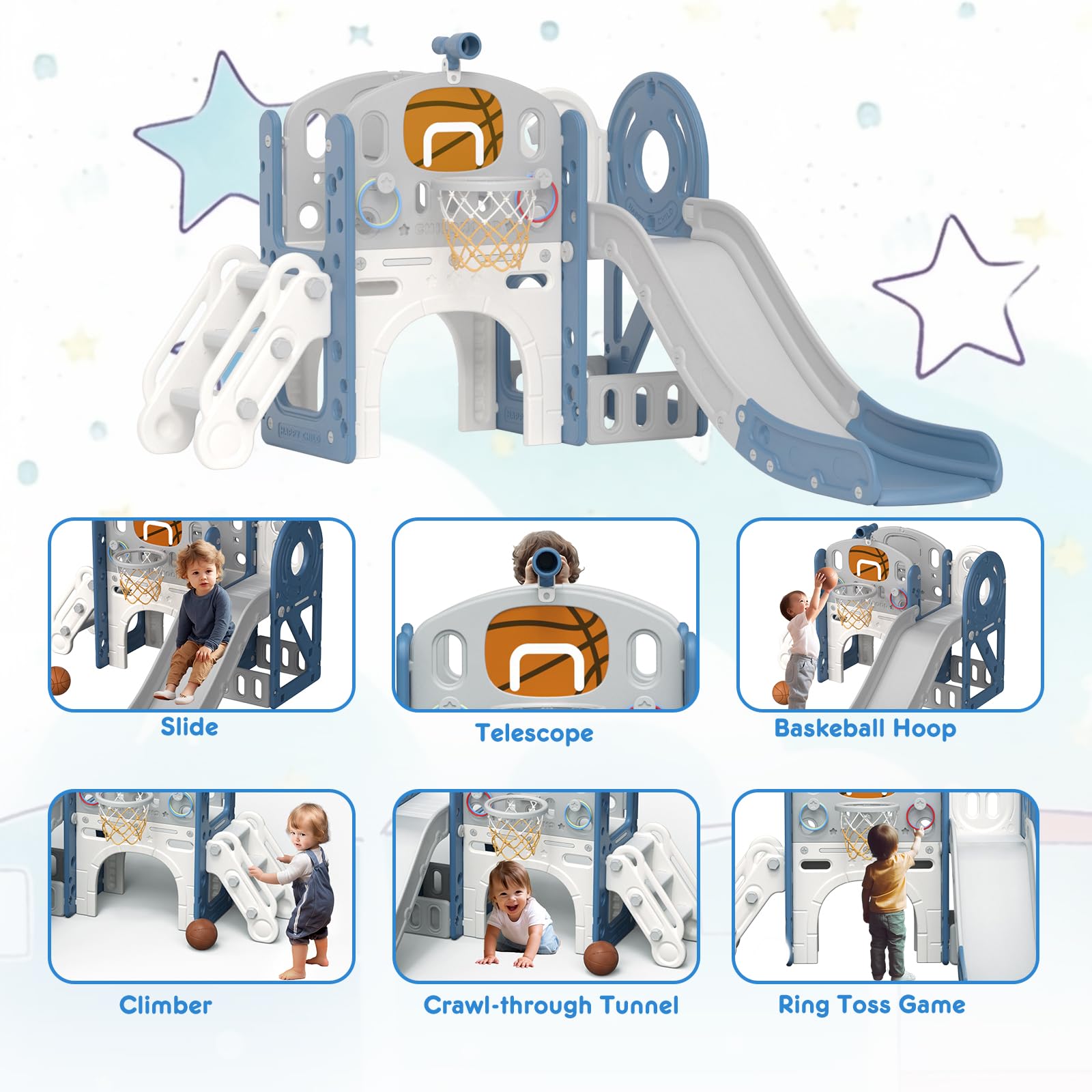XJD 8-in-1 Toddler Slide and Climber Playset with Basketball Hoop - Indoor & Outdoor Playground for Kids Ages 1-3 Years - Perfect for Backyard, Playroom, Daycare and Preschool (Blue Grey)