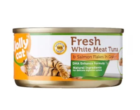 JOLLY CAT Premium Tuna & Salmon Flakes in Gravy Canned Cat Food - Grain-Free, High-Protein Wet Cat Food for Adult & Senior Cats - 80g (2.8oz) Pack - Perfect for Mealtime, Travel & Picky Eaters